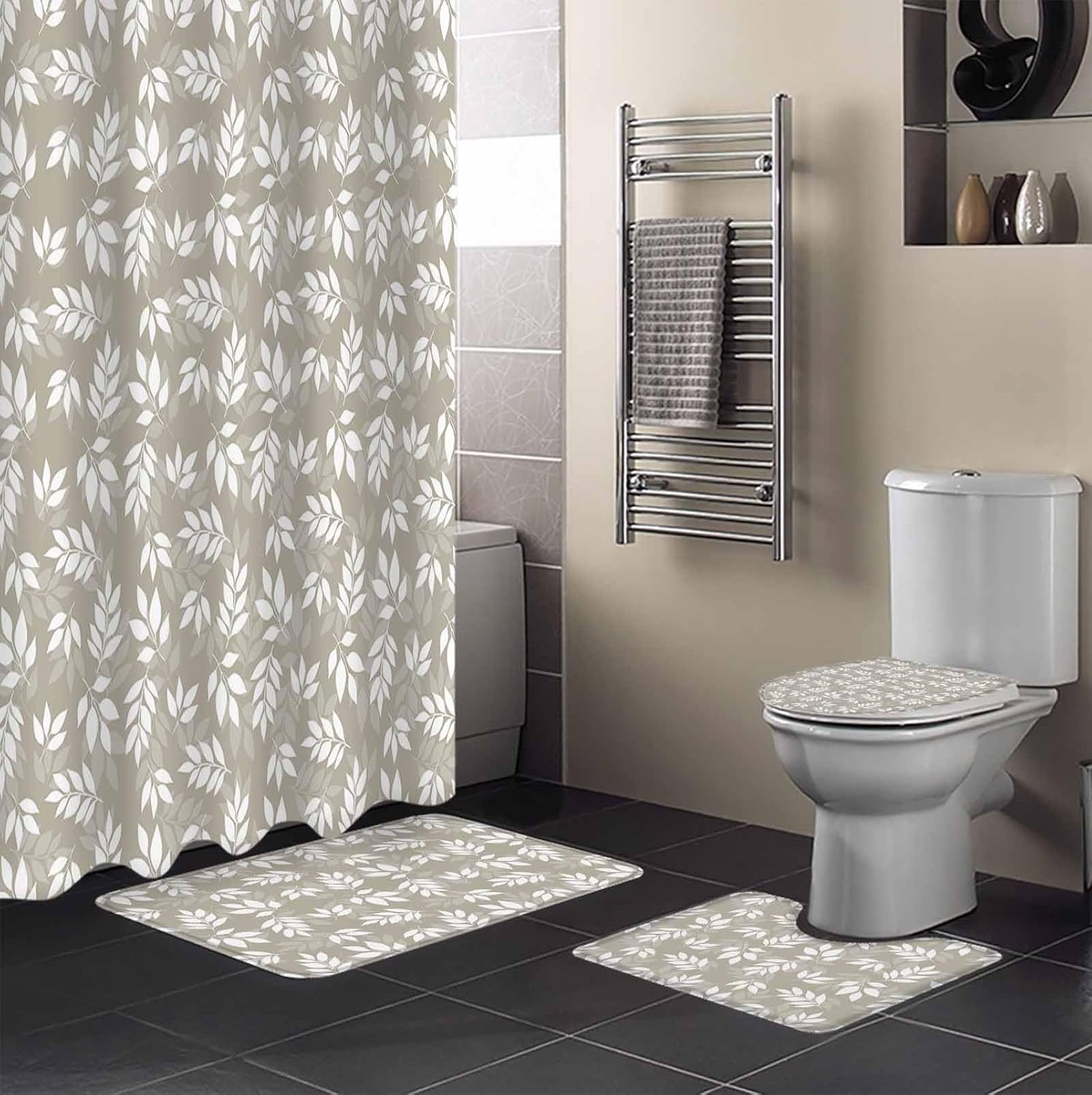 ZOE GARDEN Leaf Brown Bathroom Set with Shower Curtain and Rug