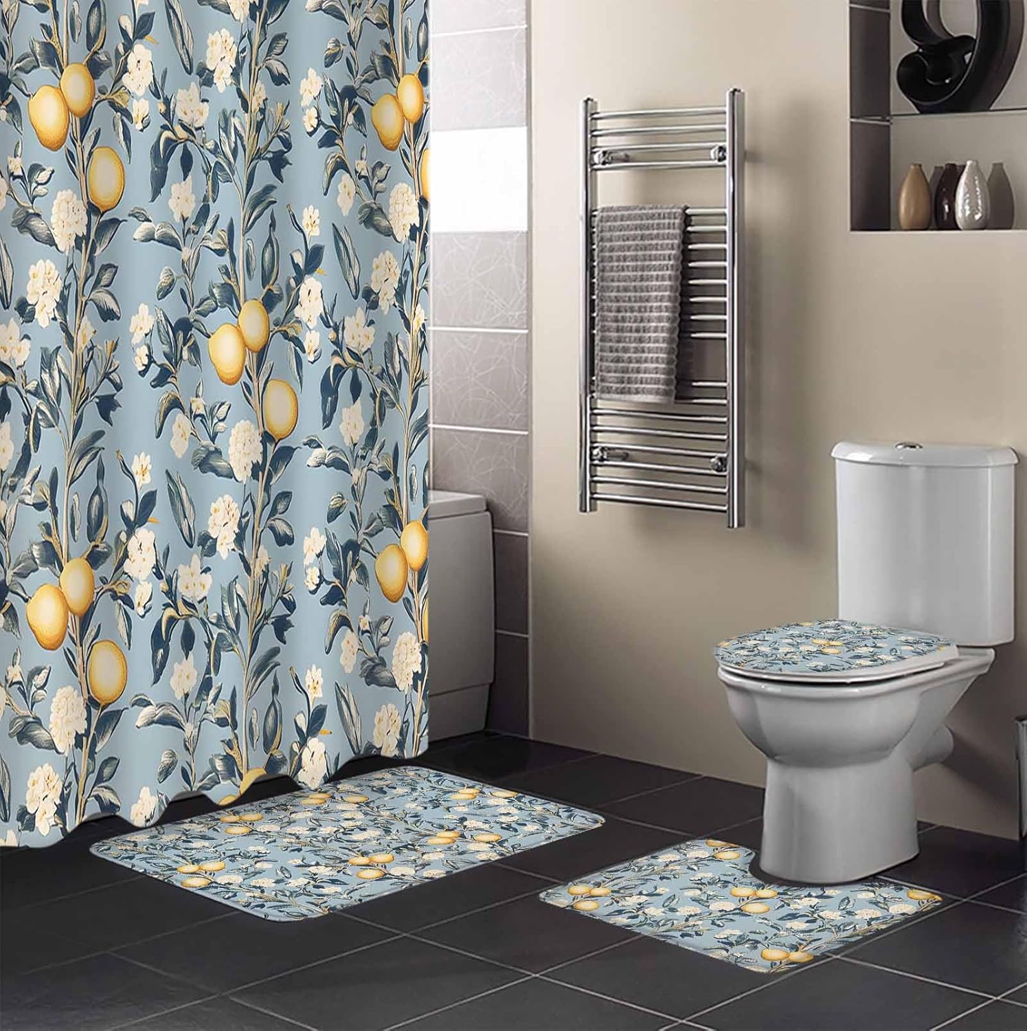 ZOE GARDEN Lemon Leaves Bathroom Set with Curtain Rug and Accessories