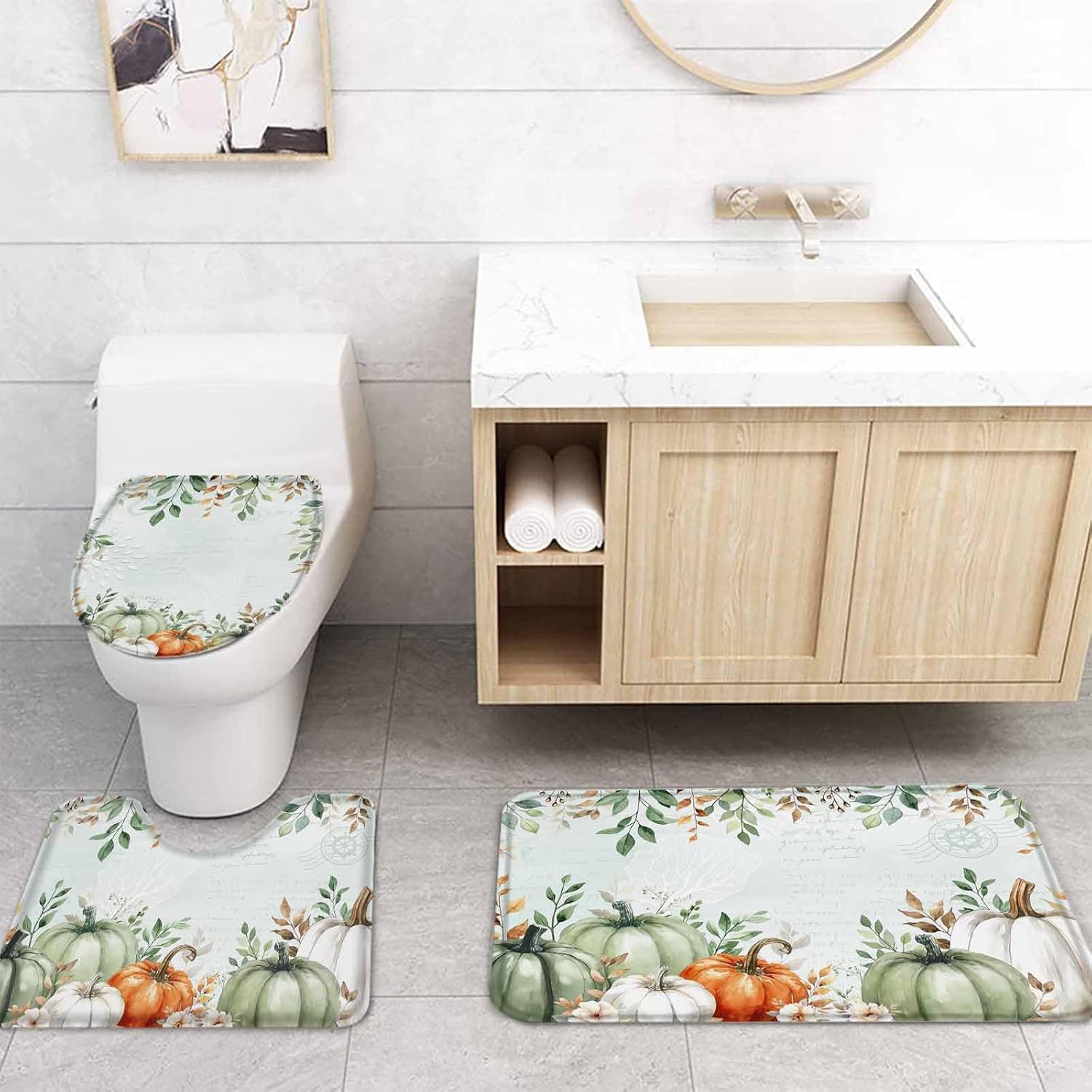 ZOE GARDEN Autumn Pumpkin Bath Set with Curtain Rug and Hooks 1