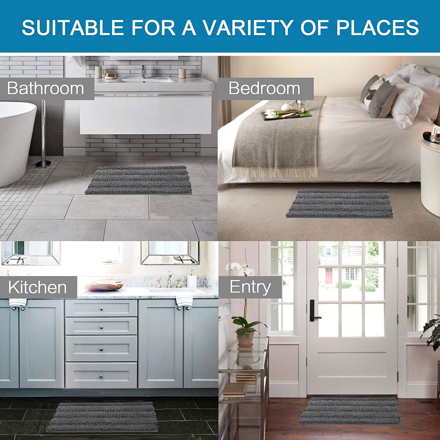 HVERSAILTEX Grey Chenille Bathroom Rug Set