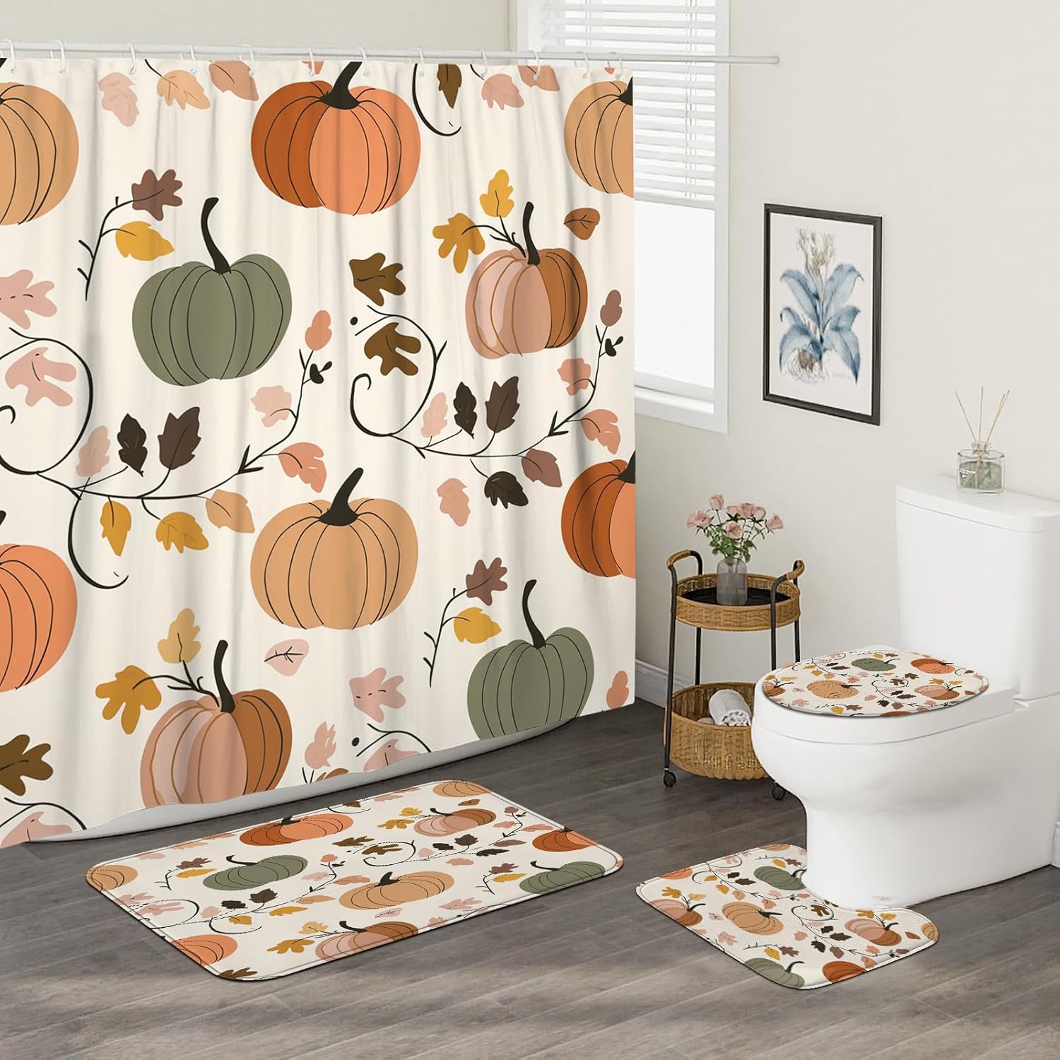 4PCS Fall Cream Pumpkin Bathroom Set with Non-Slip Rug and U Shape