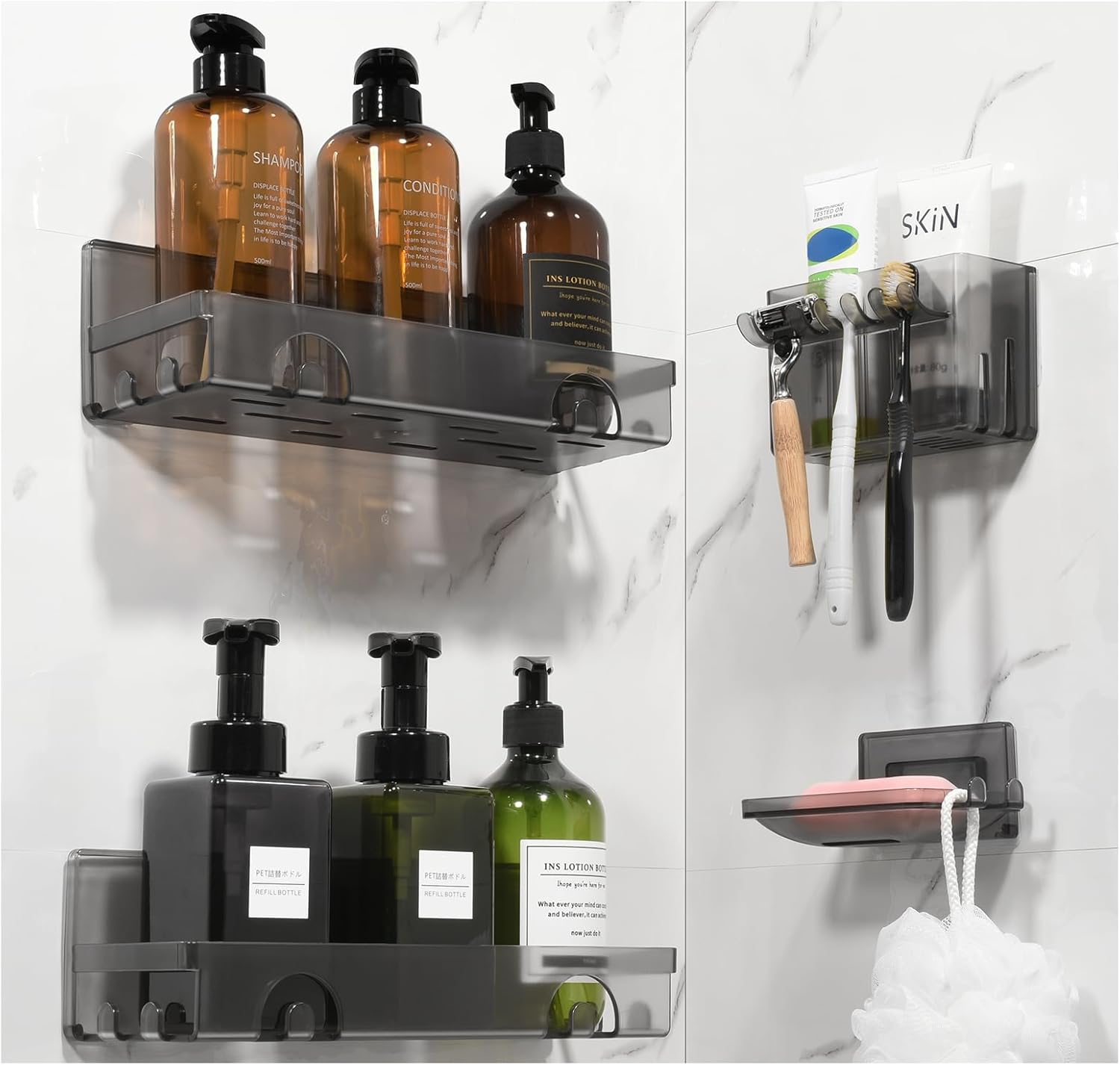 YOTOCK 4-in-1 Shower Caddy Set with Adhesive Mount and Drainage