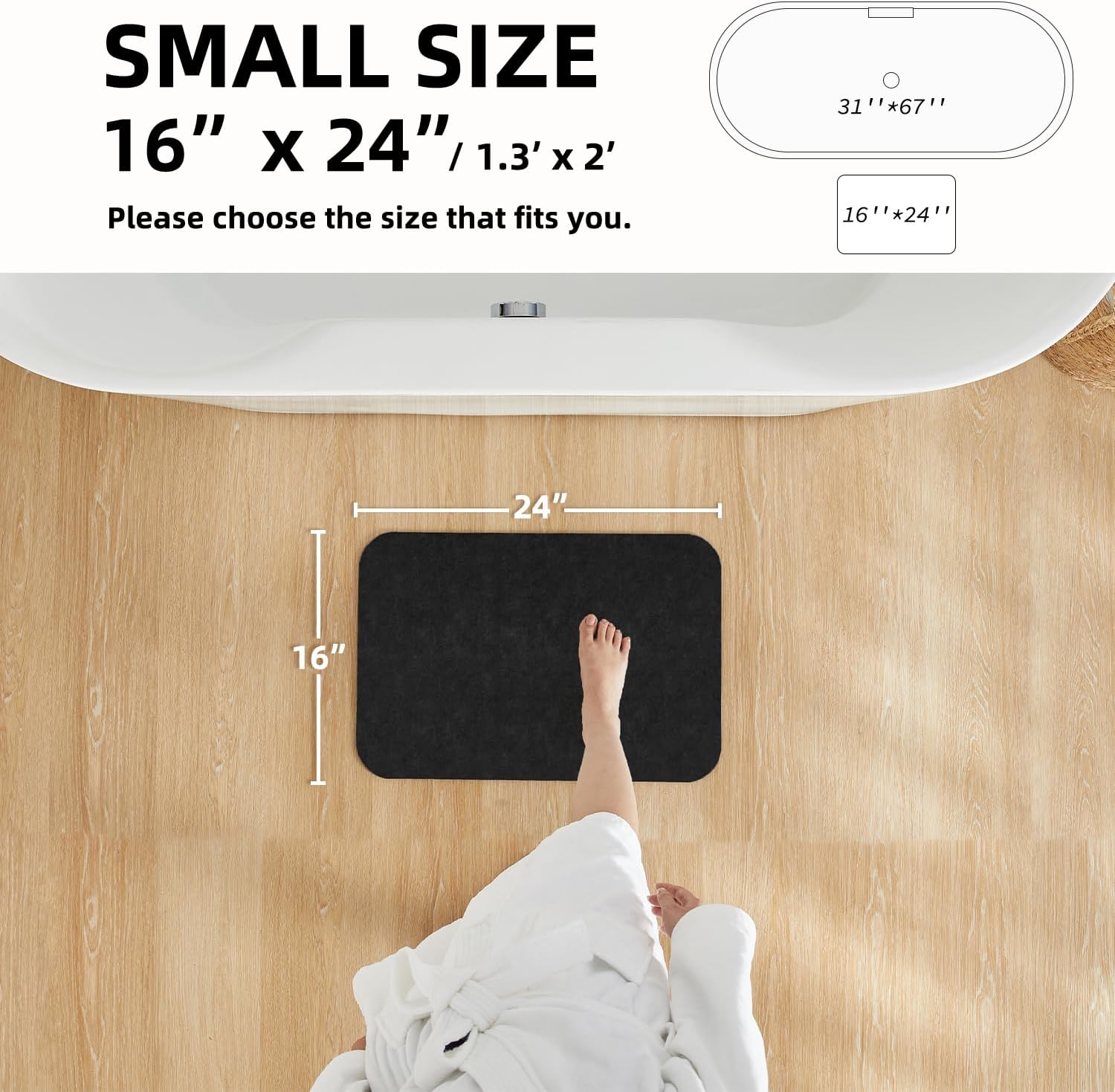 TYUU Black Bath Mat - Non Slip Quick Dry 16x24 Inches