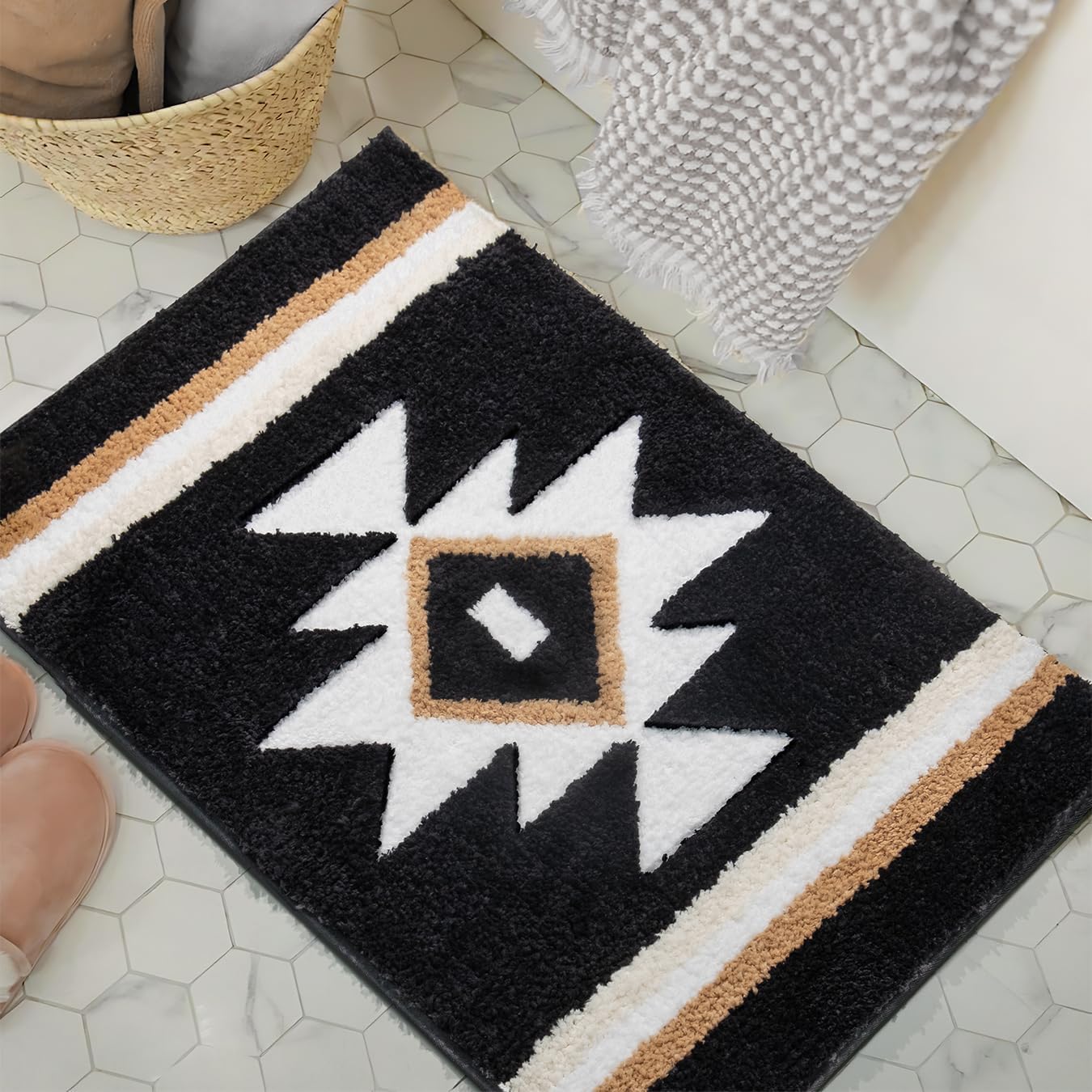 TANVILL Boho Bath Mat Non Slip Black Aztec Design