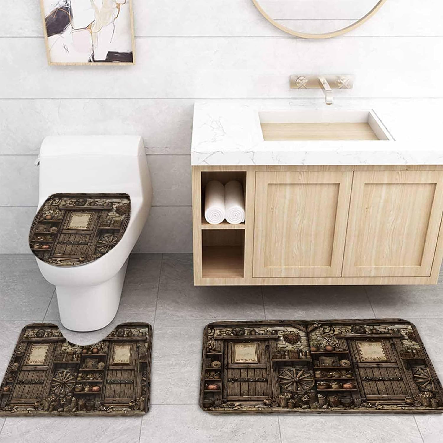 Farmhouse Wooden Bathroom Set with Shower Curtain and Rug Accessories