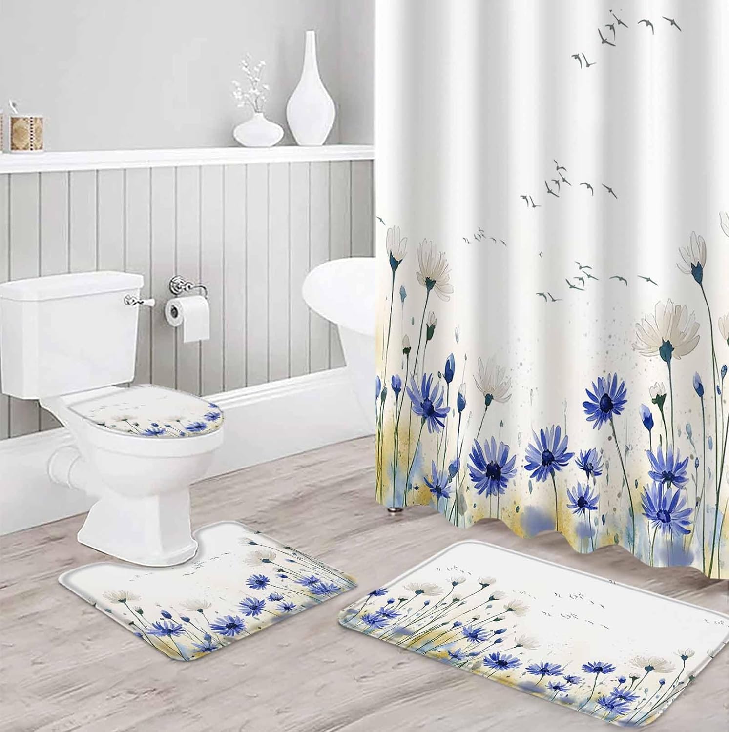 ZOE GARDEN Blue Daisy Bath Set with Curtain Rug and Hooks