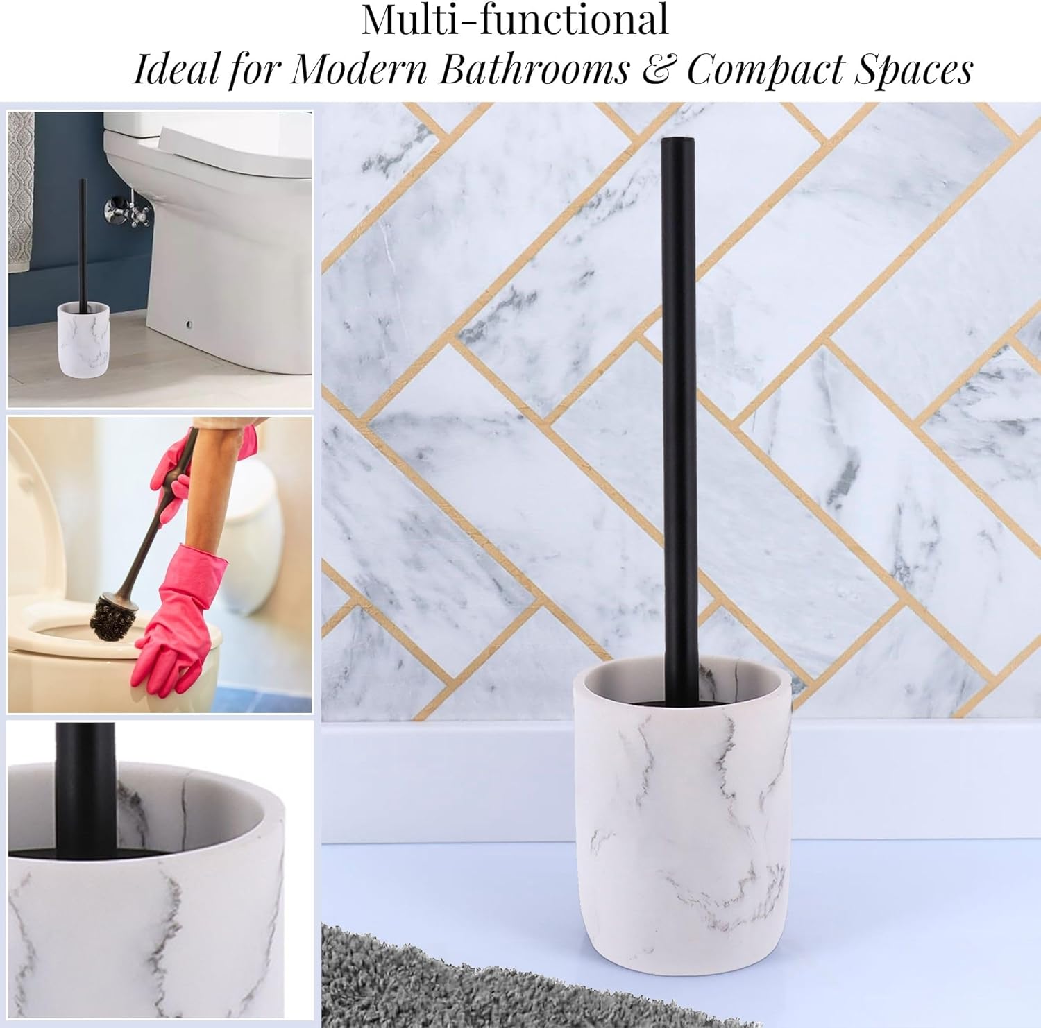 White Marble Toilet Brush with Holder Set Modern and Durable