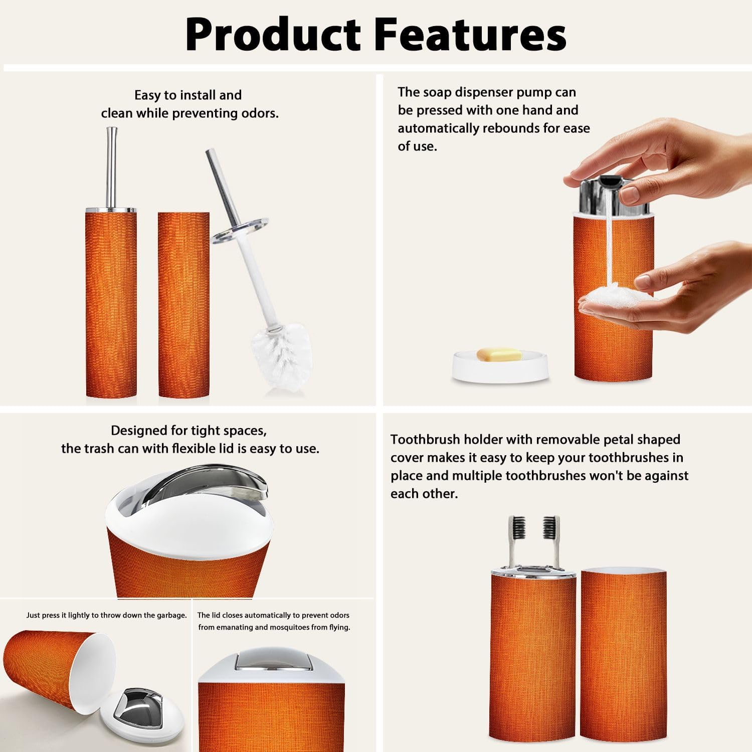 Boho Bright Orange Bathroom Accessory Set 6 Piece