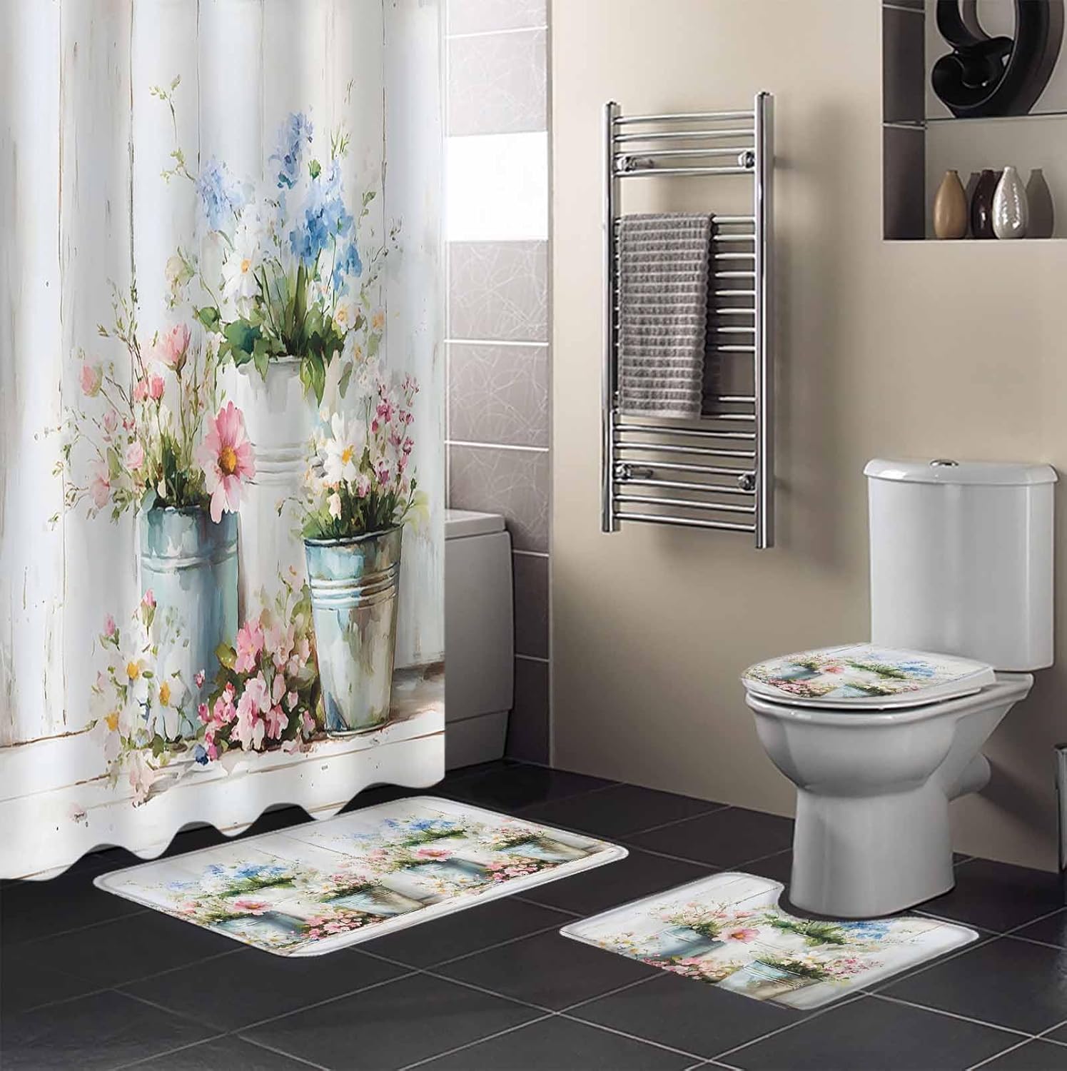 ZOE GARDEN Daisies Flowers Bath Set - 72x72 Waterproof Curtain Rug