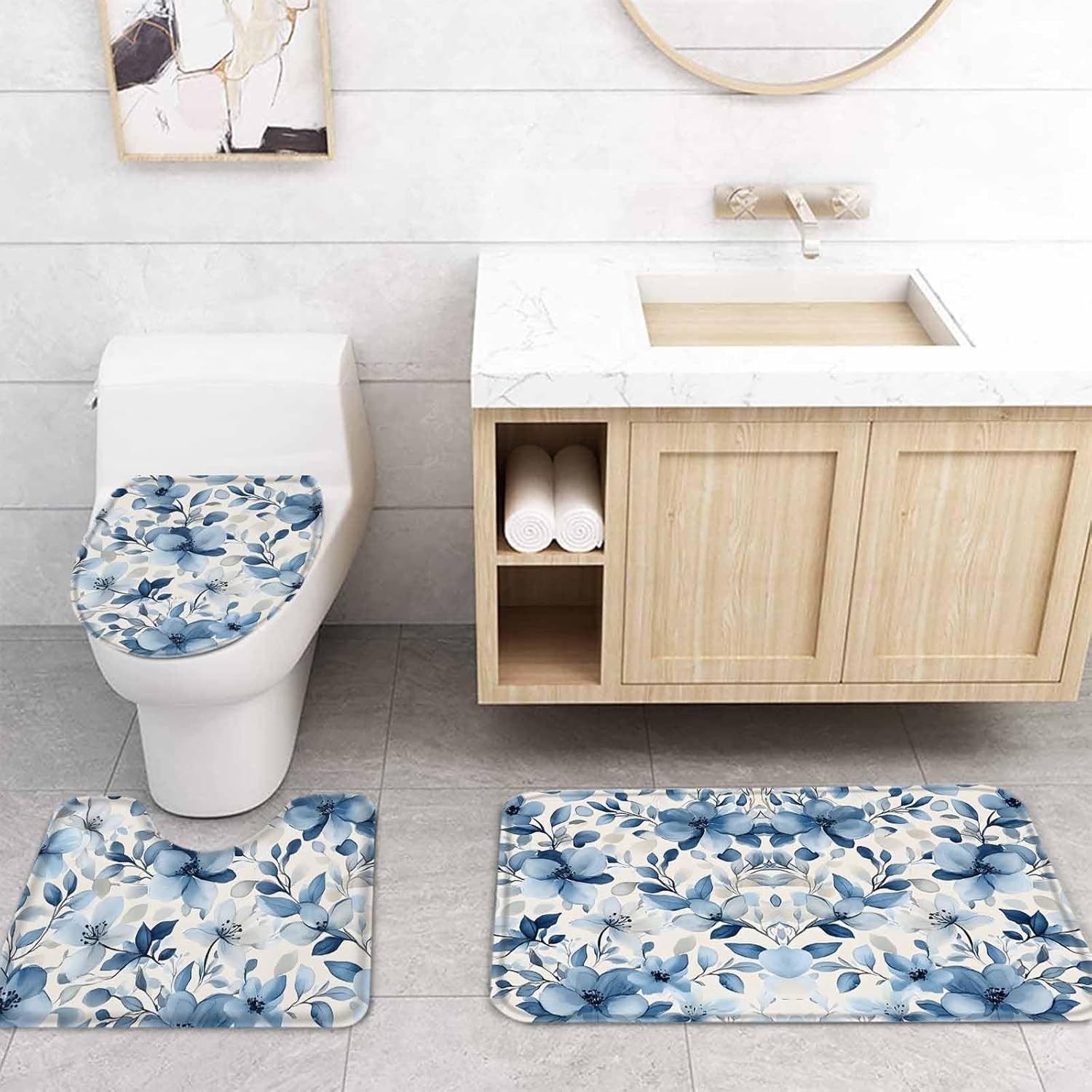 ZOE GARDEN Blue Flower Bath Set with Rug and Curtain
