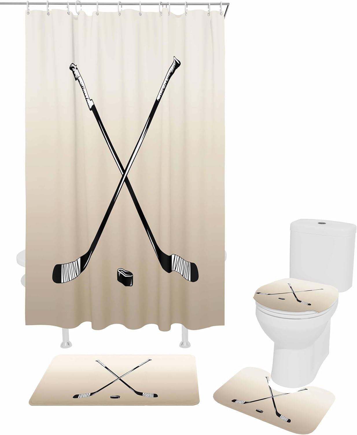 Beige Hockey Bathroom Set with Curtain Rug and Accessories