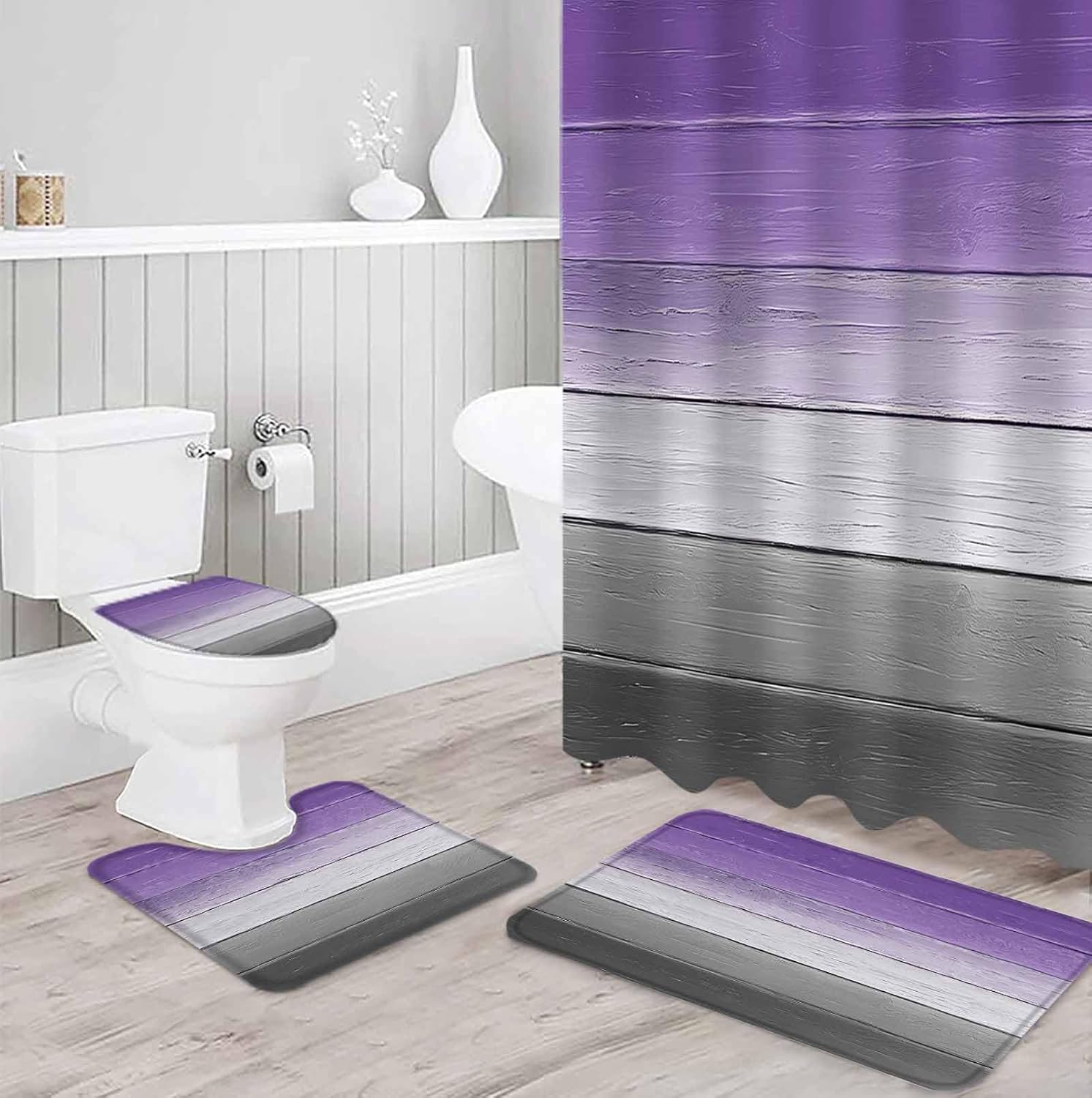 ZOE GARDEN Purple Grey Bathroom Set with Curtain Rug and Accessories