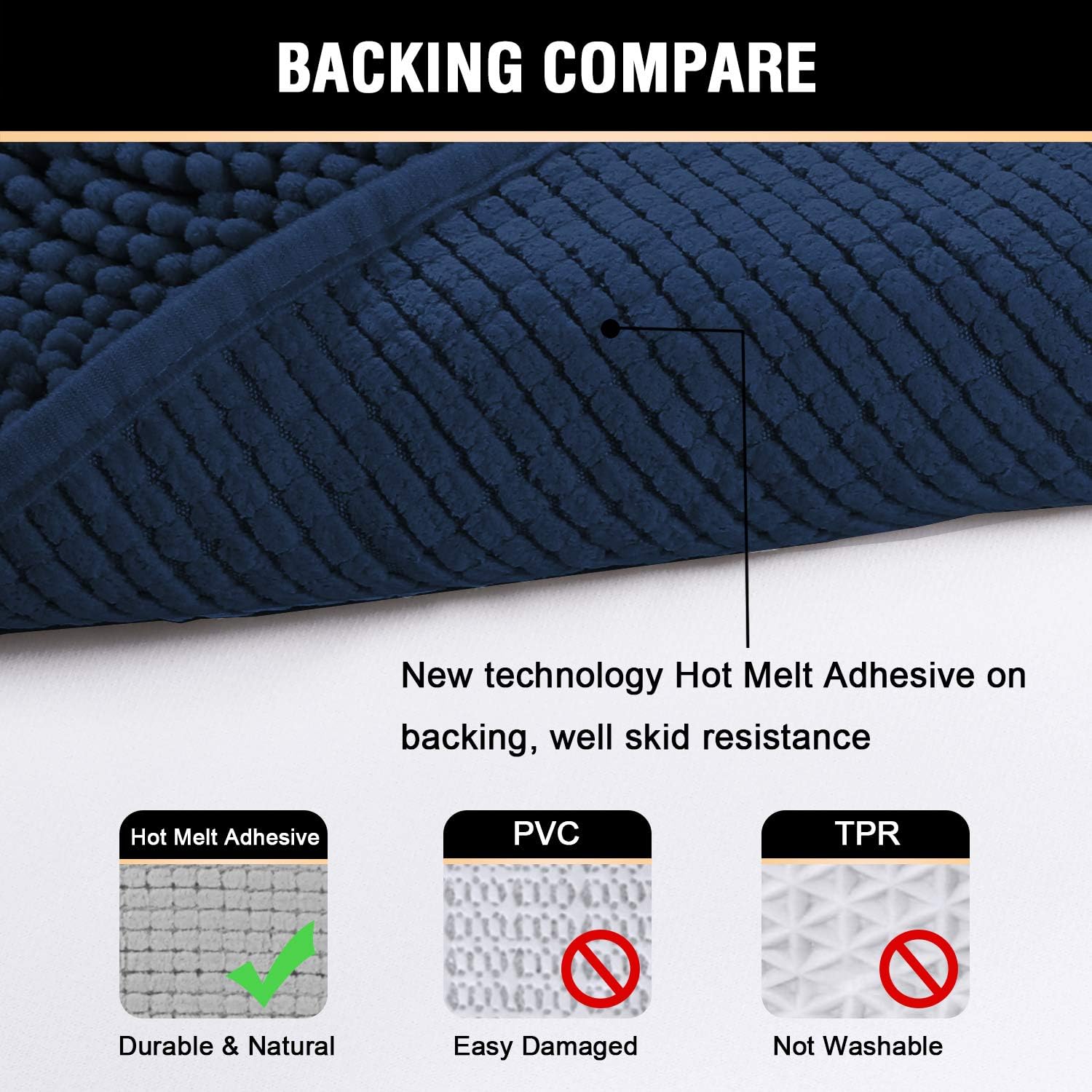 HVERSAILTEX Navy Blue Bath Rug Non-Slip Extra Thick Chenille Mat 17x24