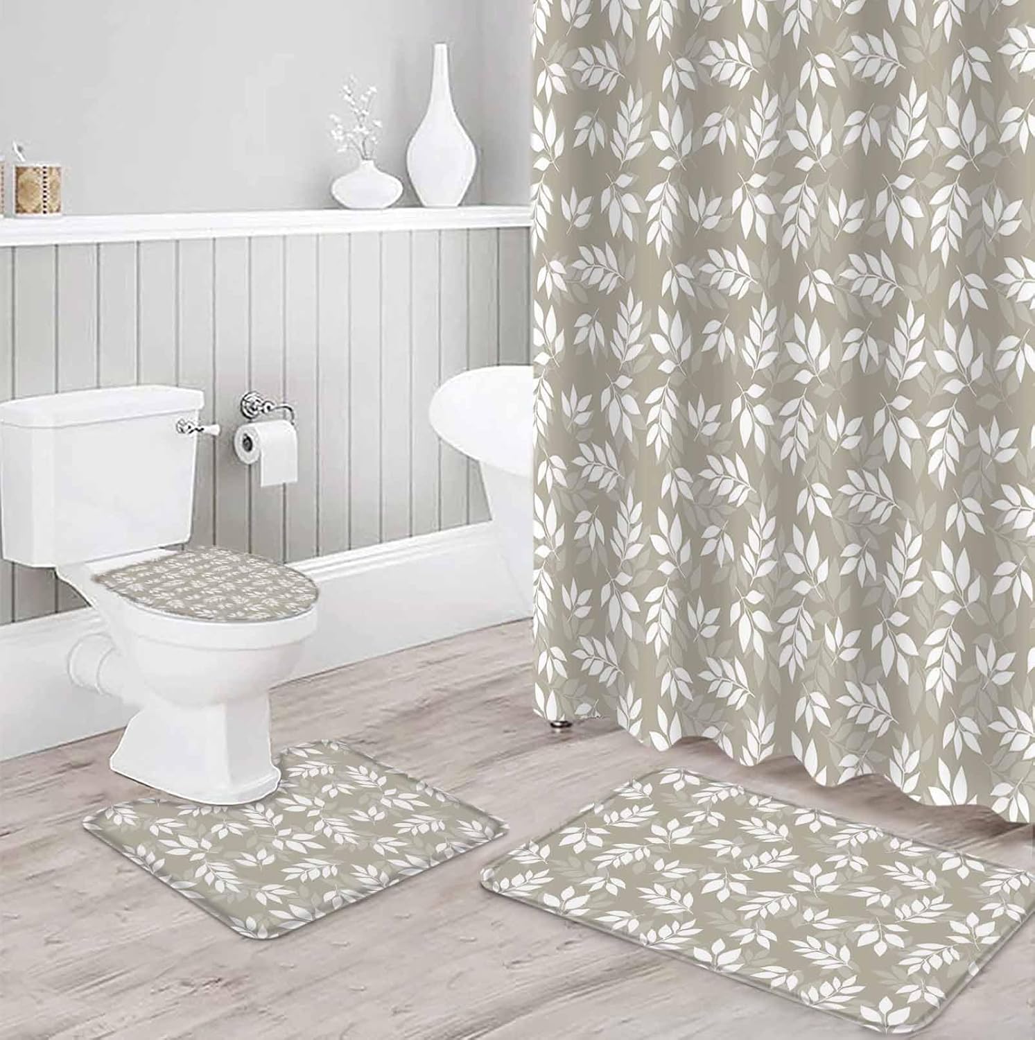 ZOE GARDEN Leaf Brown Bathroom Set with Shower Curtain and Rug