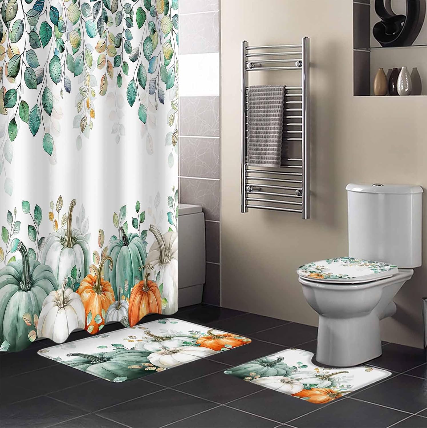 ZOE GARDEN Green Pumpkin Bathroom Set with Shower Curtain Rug and Accessories