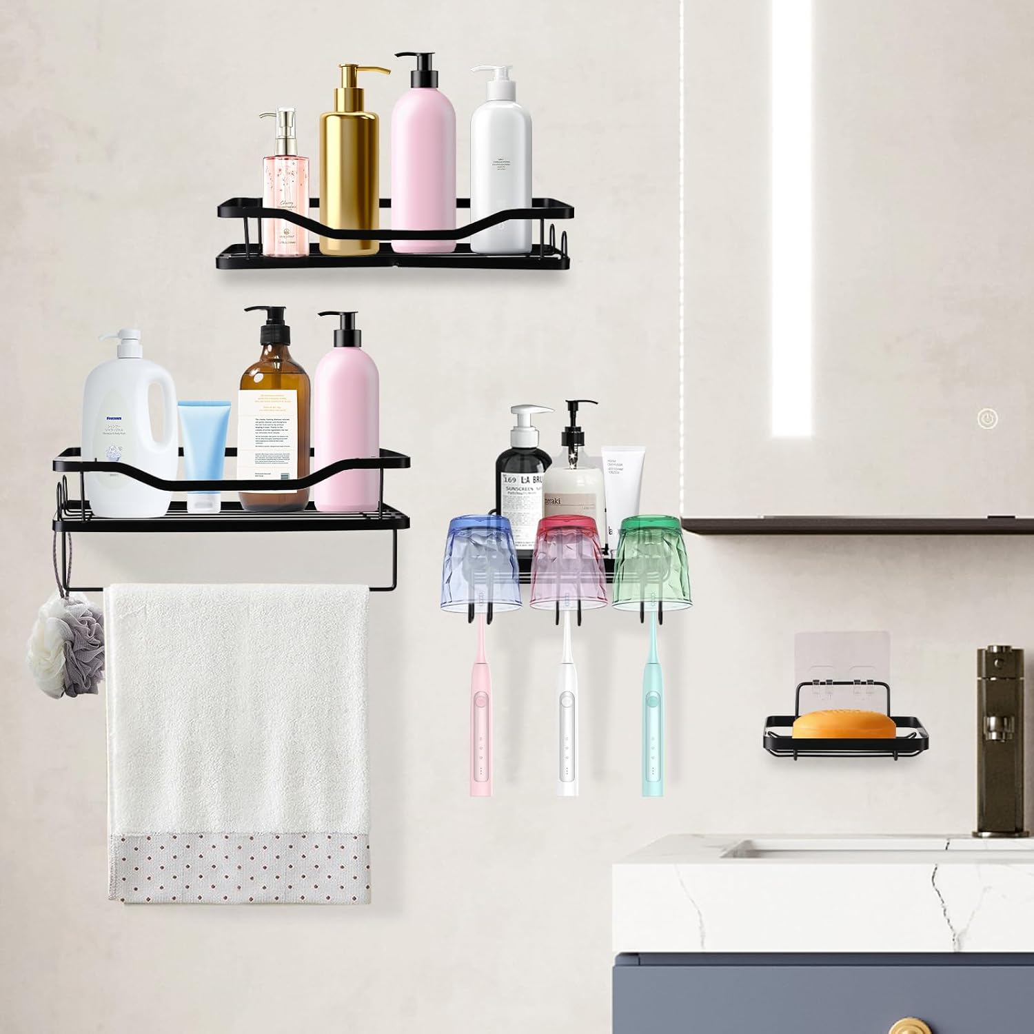 Shower Caddy Organizer Rack 4 Pack Adhesive Black