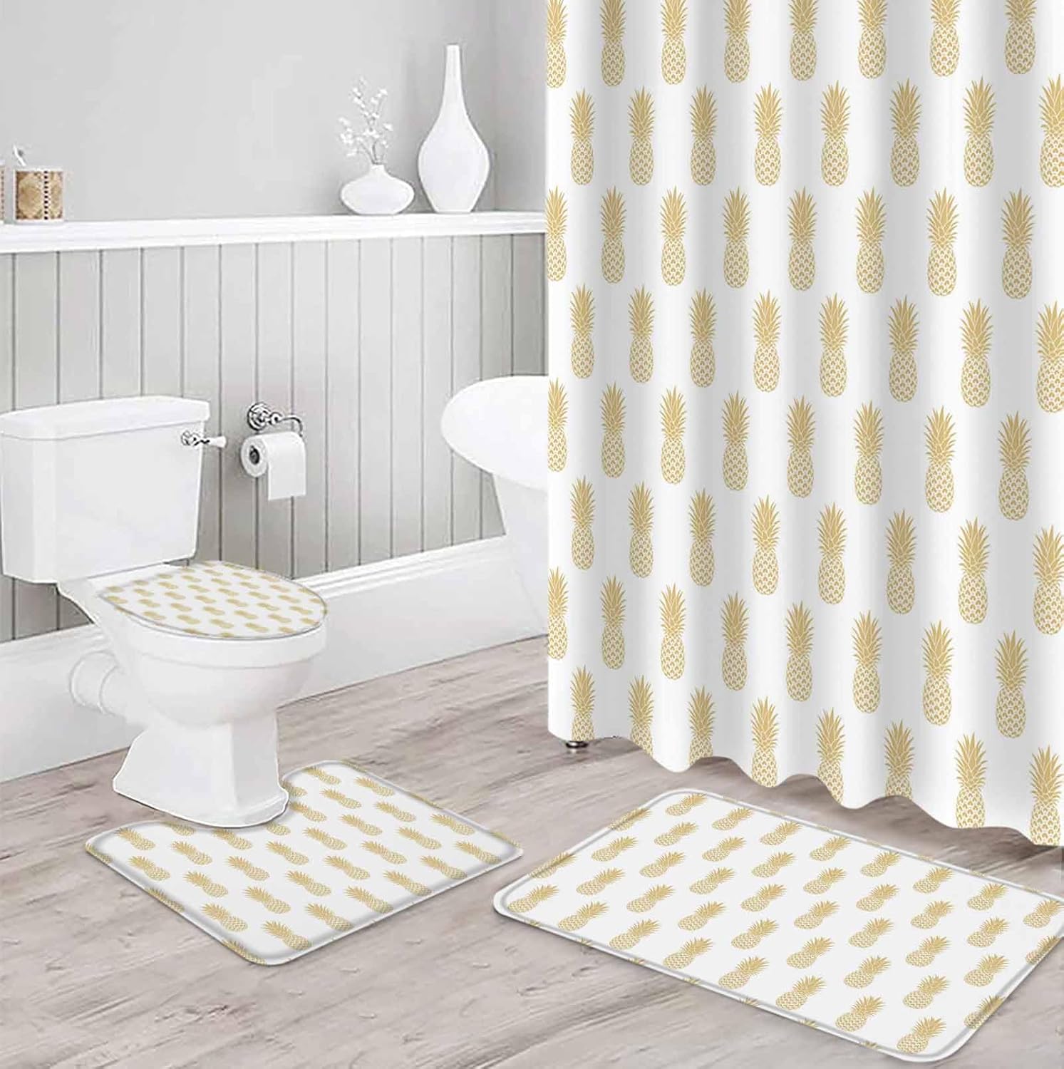 Yellow Pineapple Bathroom Set with Curtain Rug and Accessories