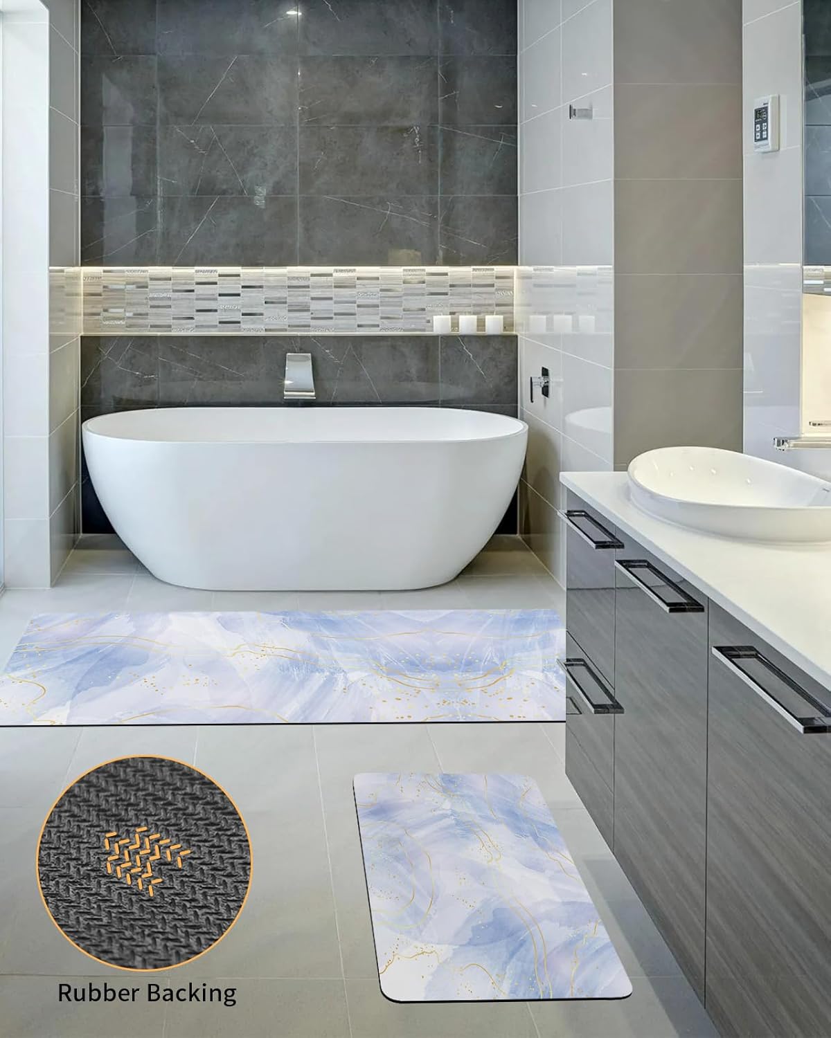 2PCS Non-Slip Diatomite Bath Mats Set with Gold Line Design