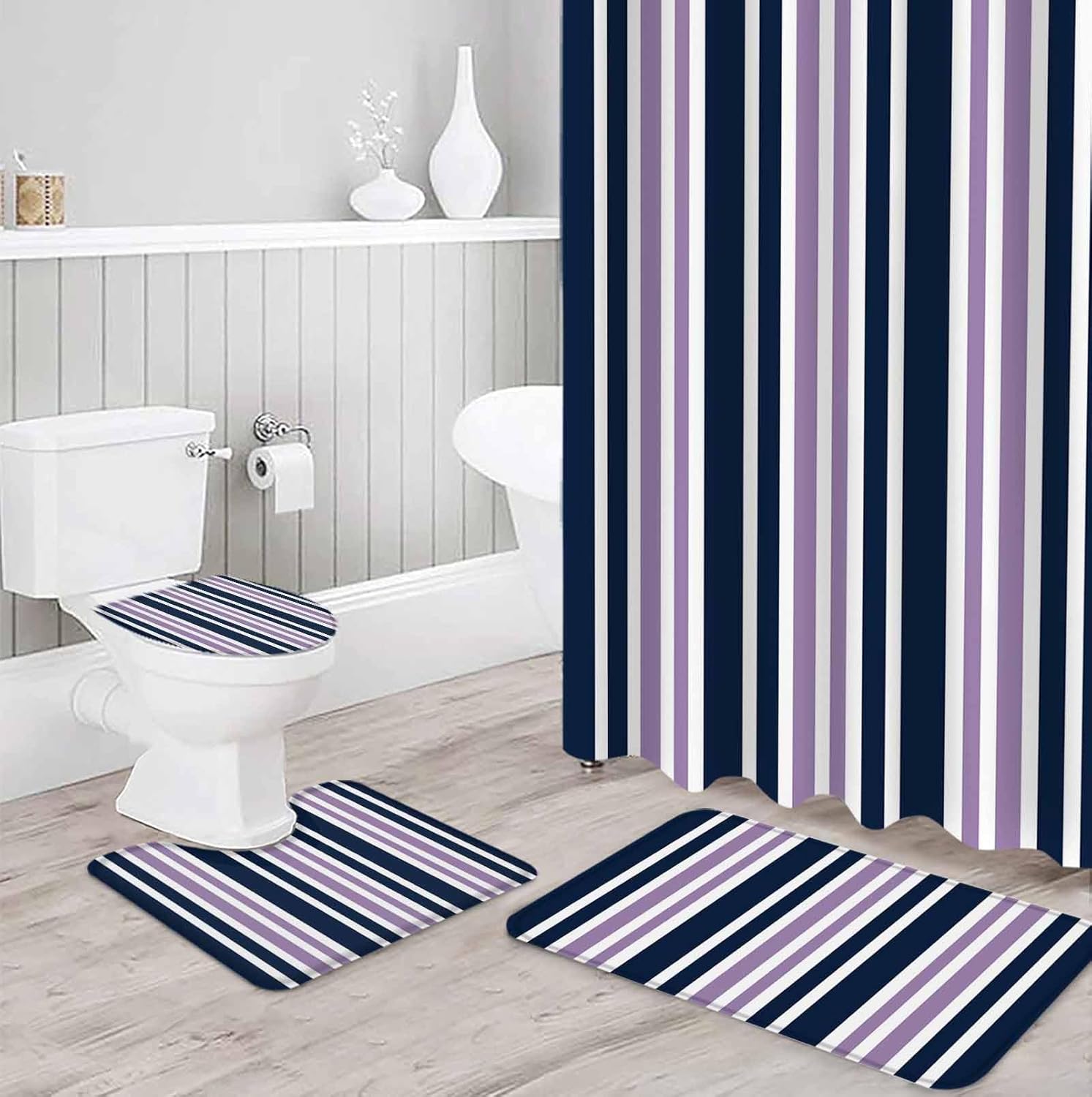 Navy Purple Bathroom Set with Shower Curtain Rug and Accessories