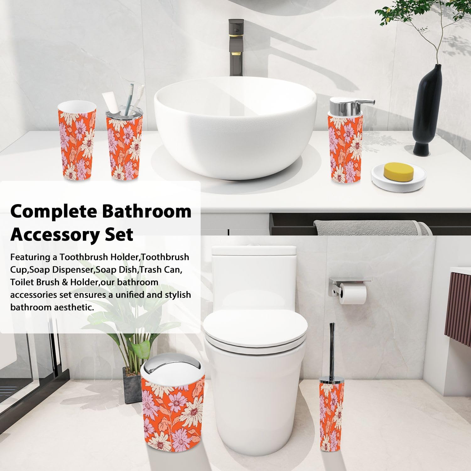 Boho Floral Bathroom Accessory Set 6 Piece