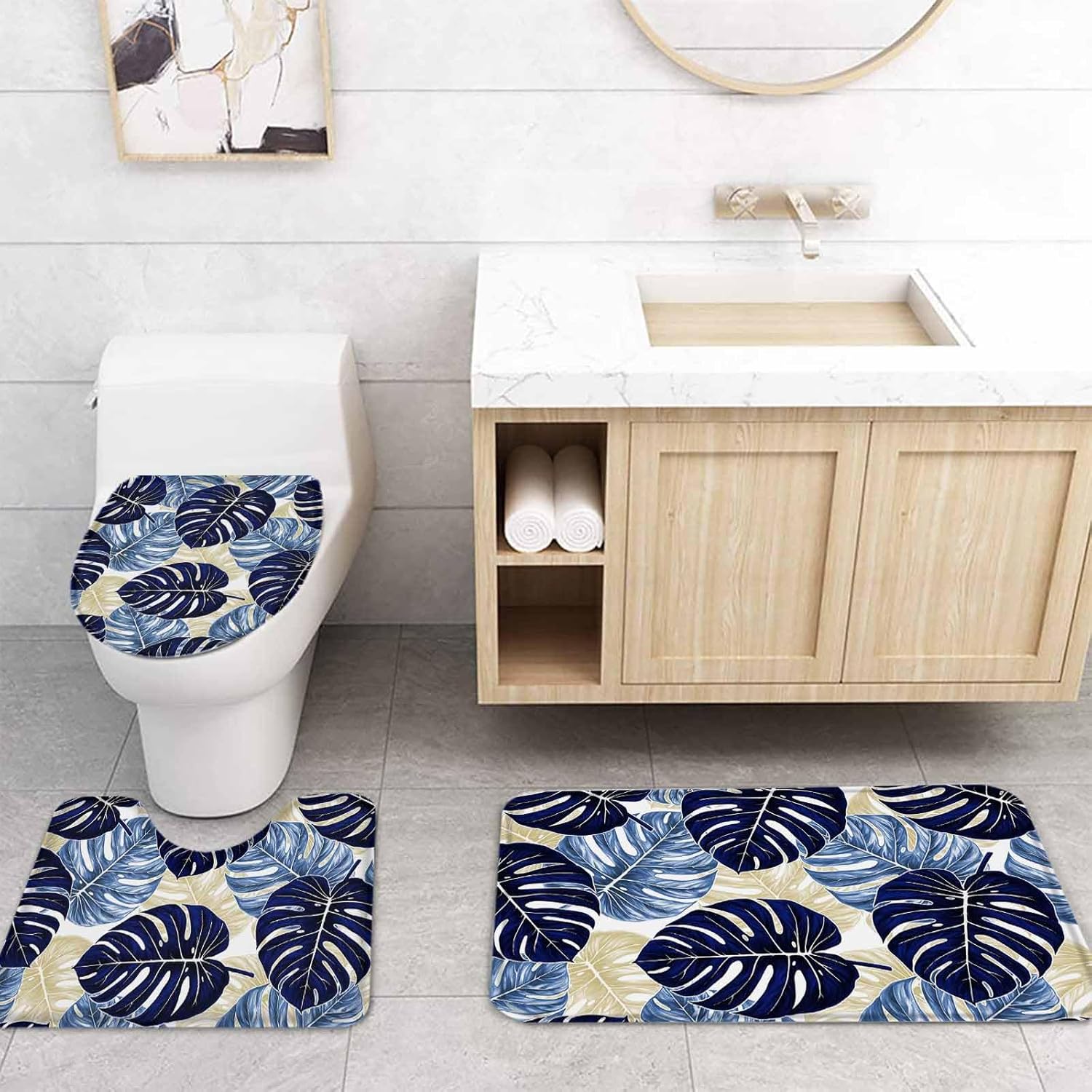Navy Palm Leaf Bathroom Set with Curtain Rug and Accessories