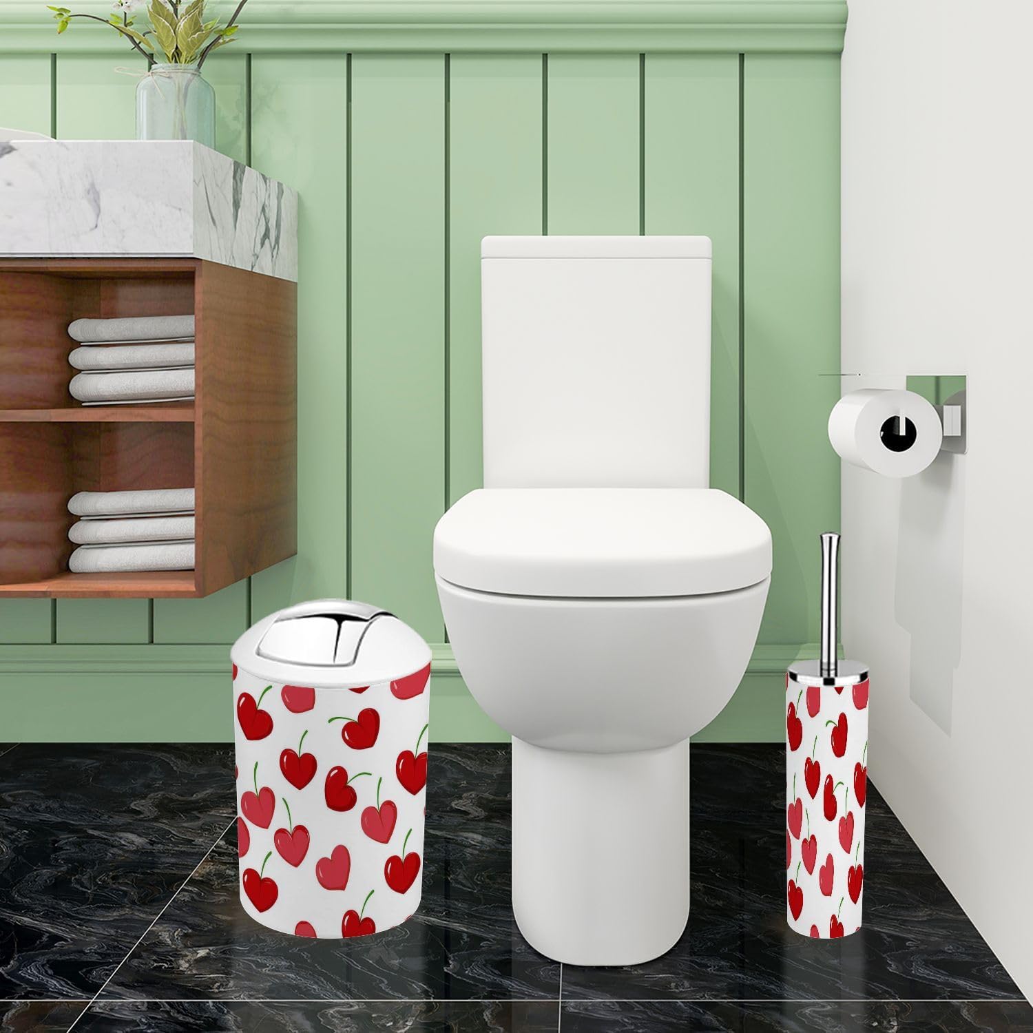TRANQDEHOM 6 Piece Bathroom Accessory Set Cherry Hearts Boho Pattern