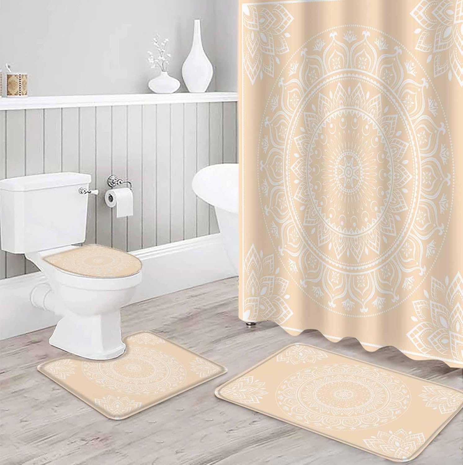 Cream Boho Bathroom Set with Shower Curtain Rug and Accessories