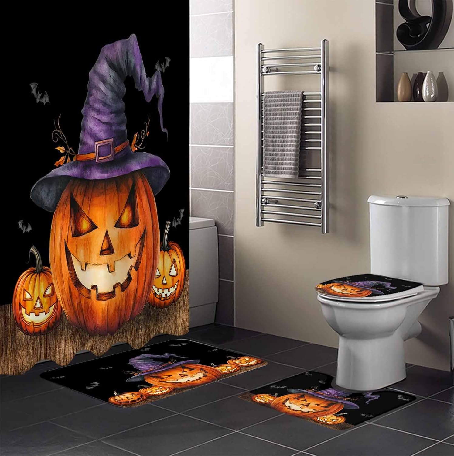ZOE GARDEN Halloween Bathroom Set with Curtain Rug and Hooks