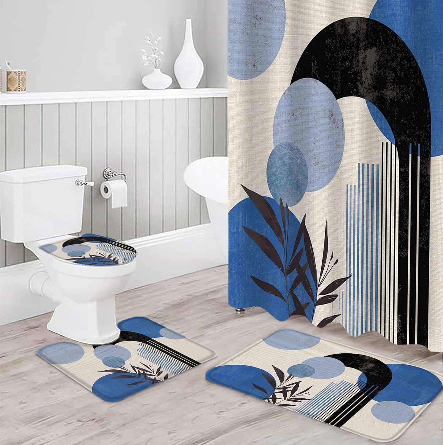 Boho Blue Bathroom Set with Curtain Rug and Hooks
