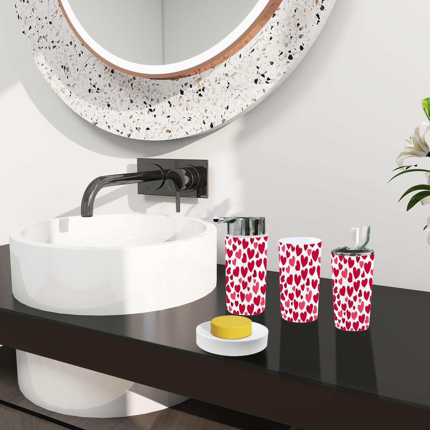 TRANQDEHOM 6 Piece Bathroom Accessory Set Pink Hearts Boho Style