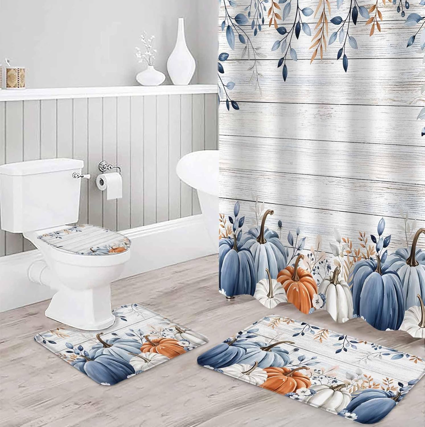 Thanksgiving Pumpkin Bathroom Set with Curtain Rug and Hooks