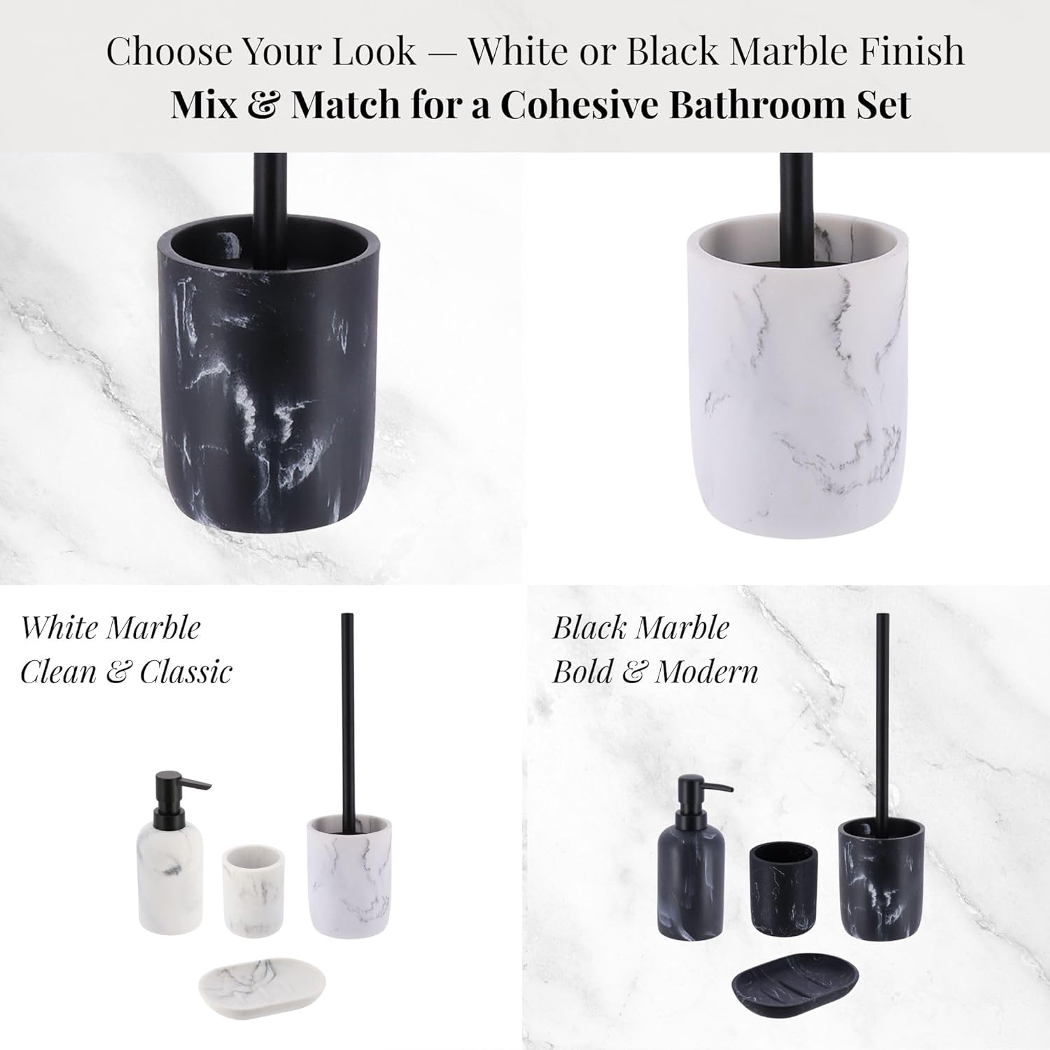 White Marble Toilet Brush with Holder Set Modern and Durable