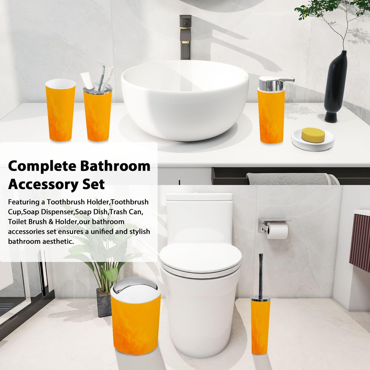 6 Piece Boho Stipple Orange Bathroom Accessories Set