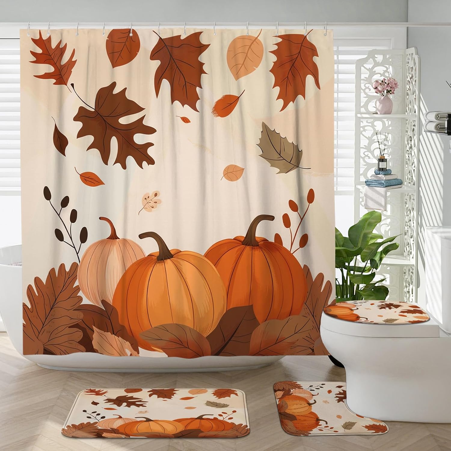 4PCS Fall Harvest Pumpkin Bathroom Set with Non-Slip Rug and U Shape