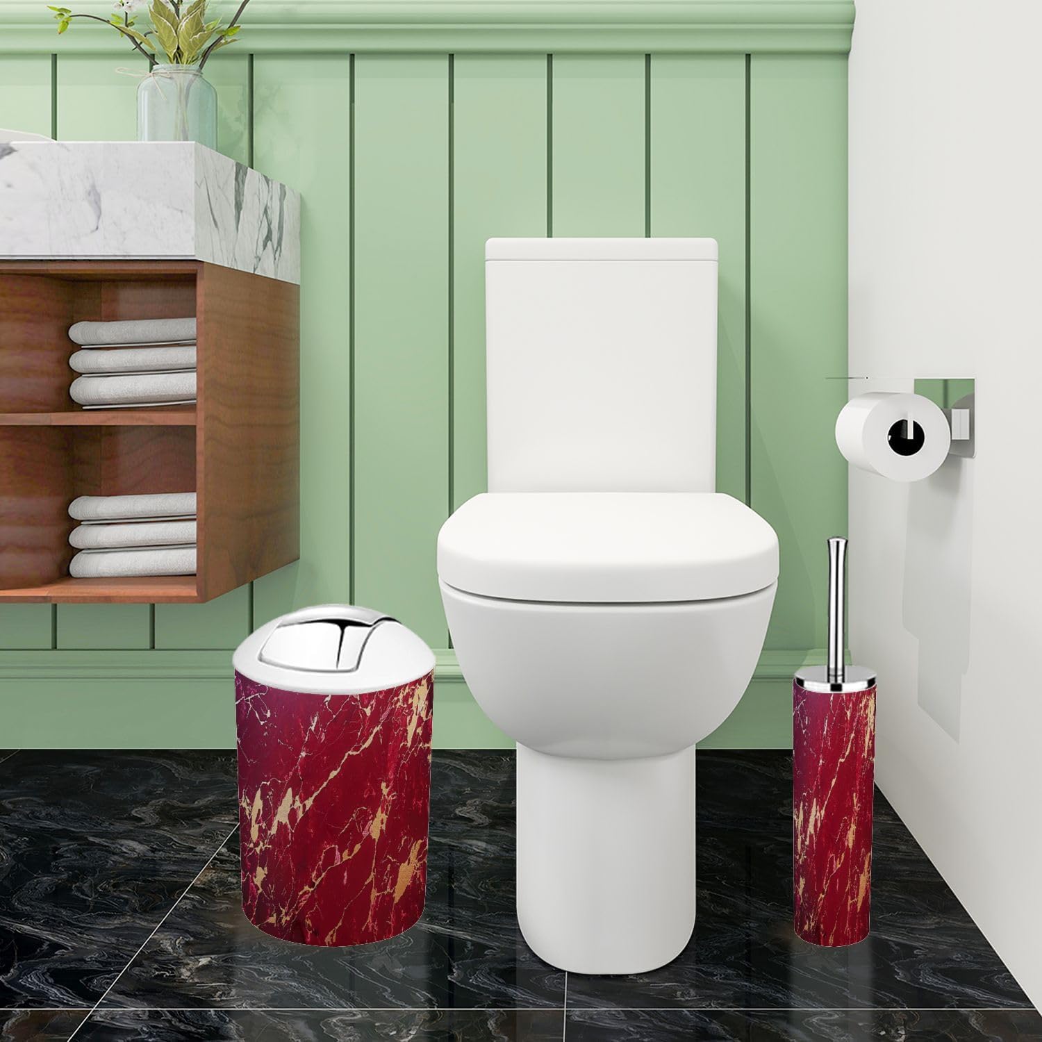 Boho Modern 6-Piece Bathroom Accessory Set in Red and Golden Maroon