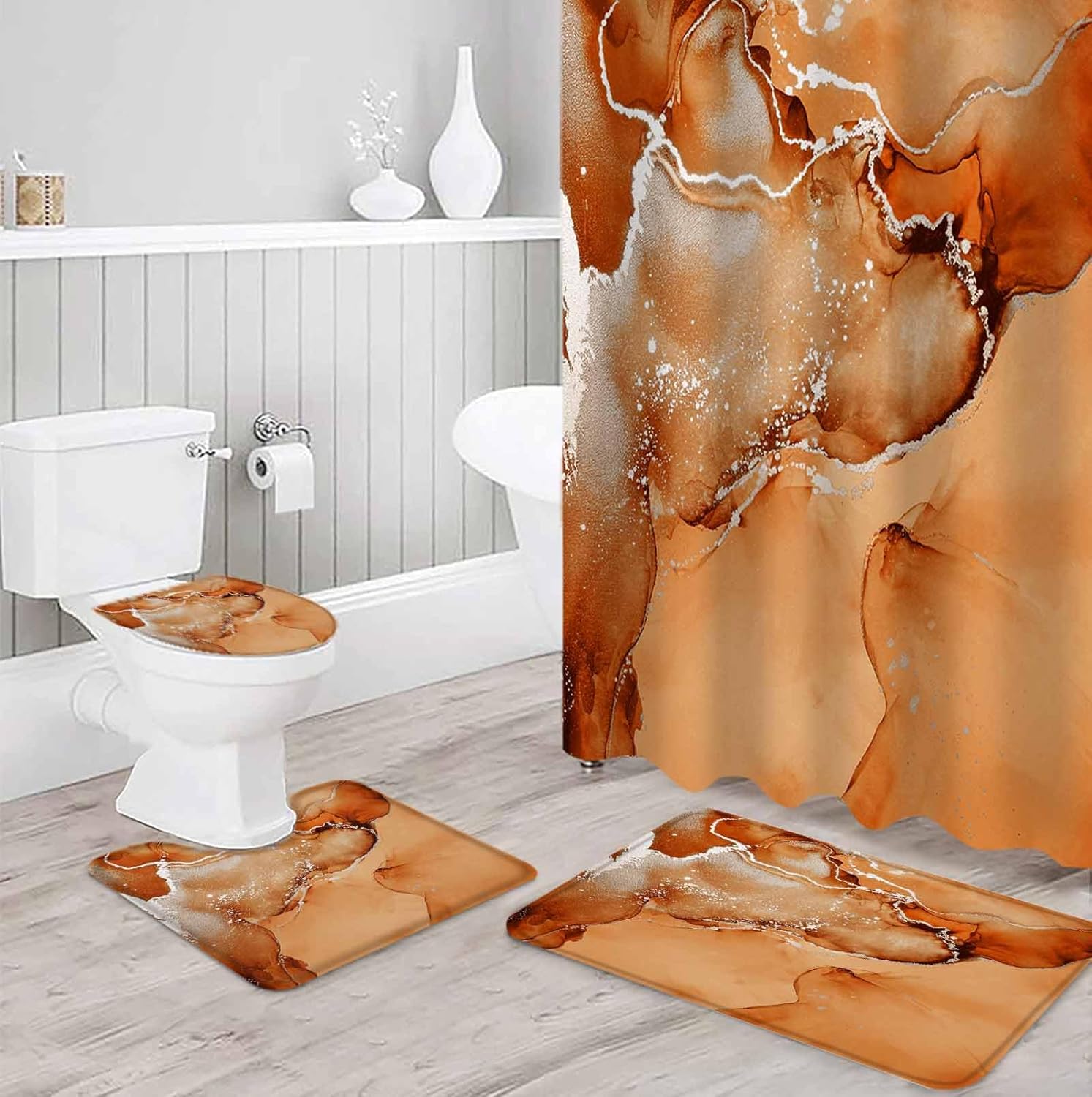 ZOE GARDEN Orange Marble Bathroom Set with Curtain Rug and Accessories