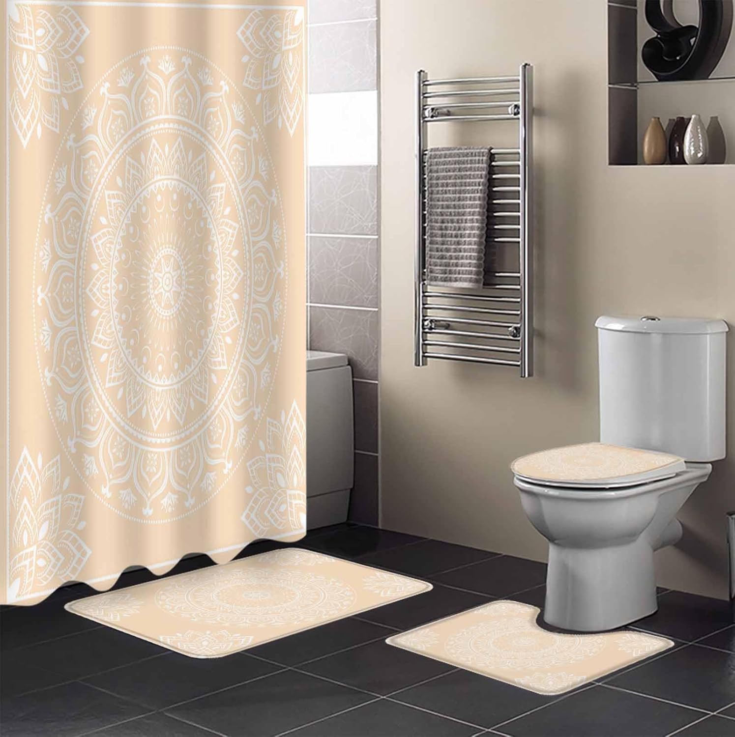 Cream Boho Bathroom Set with Shower Curtain Rug and Accessories