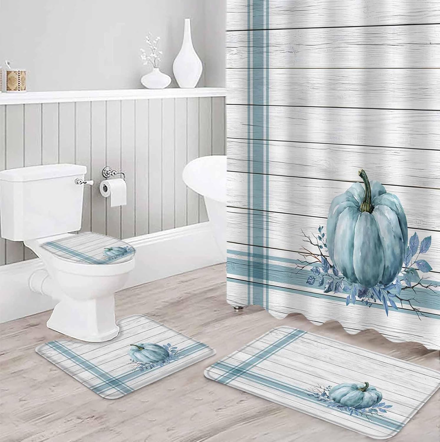 ZOE GARDEN Blue Pumpkin Bathroom Set with Curtain Rug and Accessories