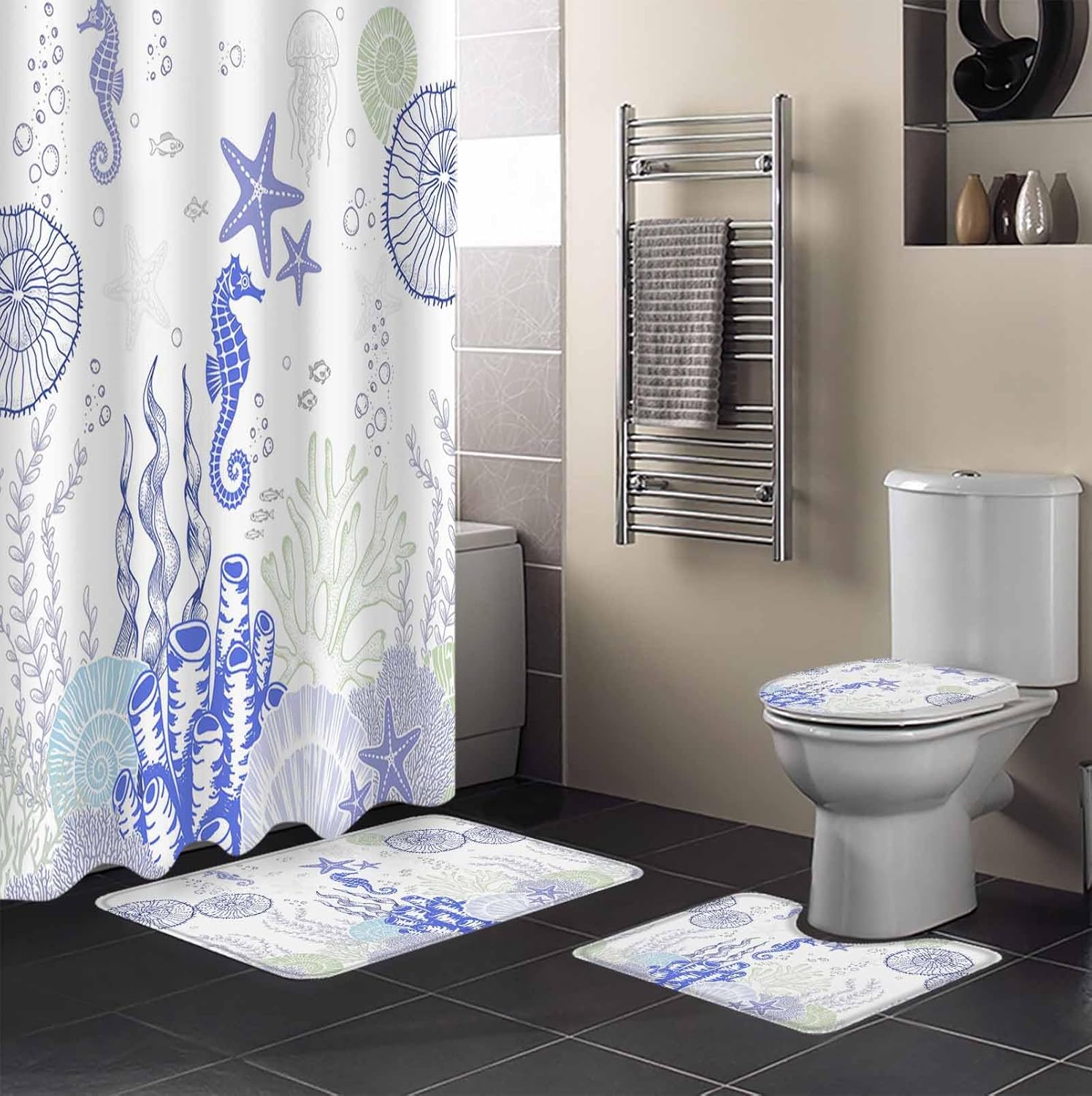 ZOE GARDEN Coastal Purple Bathroom Set with Shower Curtain Rug and Accessories