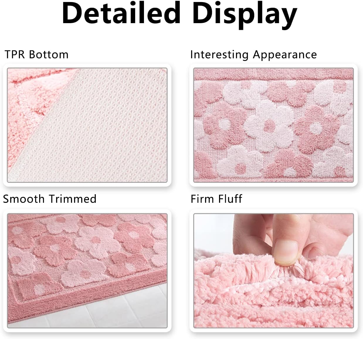 Pink Flower Bath Mat Plush Shaggy Microfiber Non-Slip Shower Rug