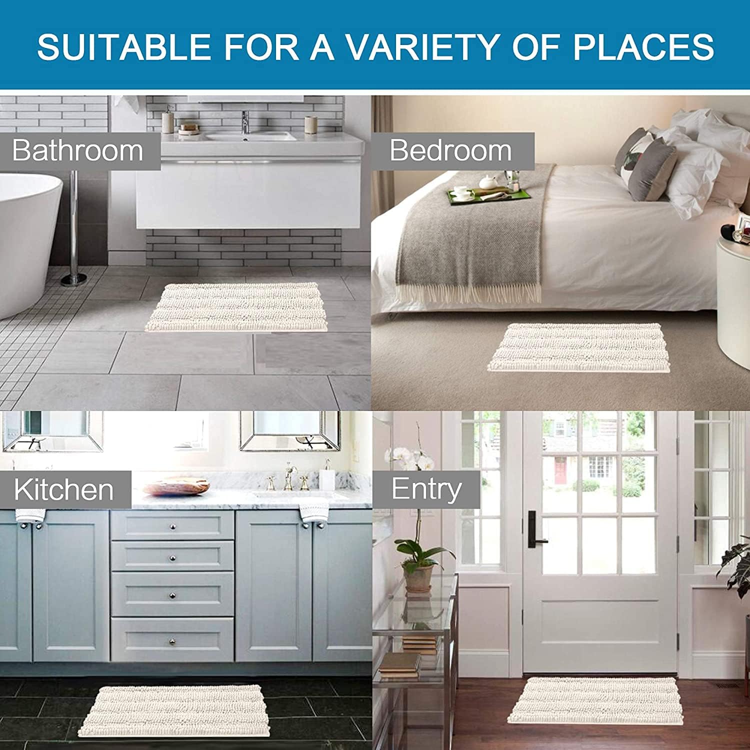 HVERSAILTEX Ivory Chenille Bath Rug 17x24 Non Slip