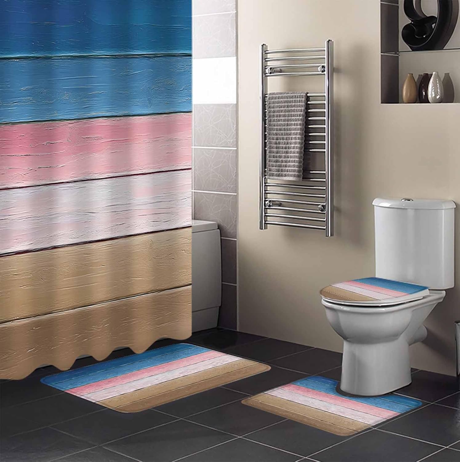 ZOE GARDEN Blue Pink Bathroom Set with Curtain Rug Hooks and Mat
