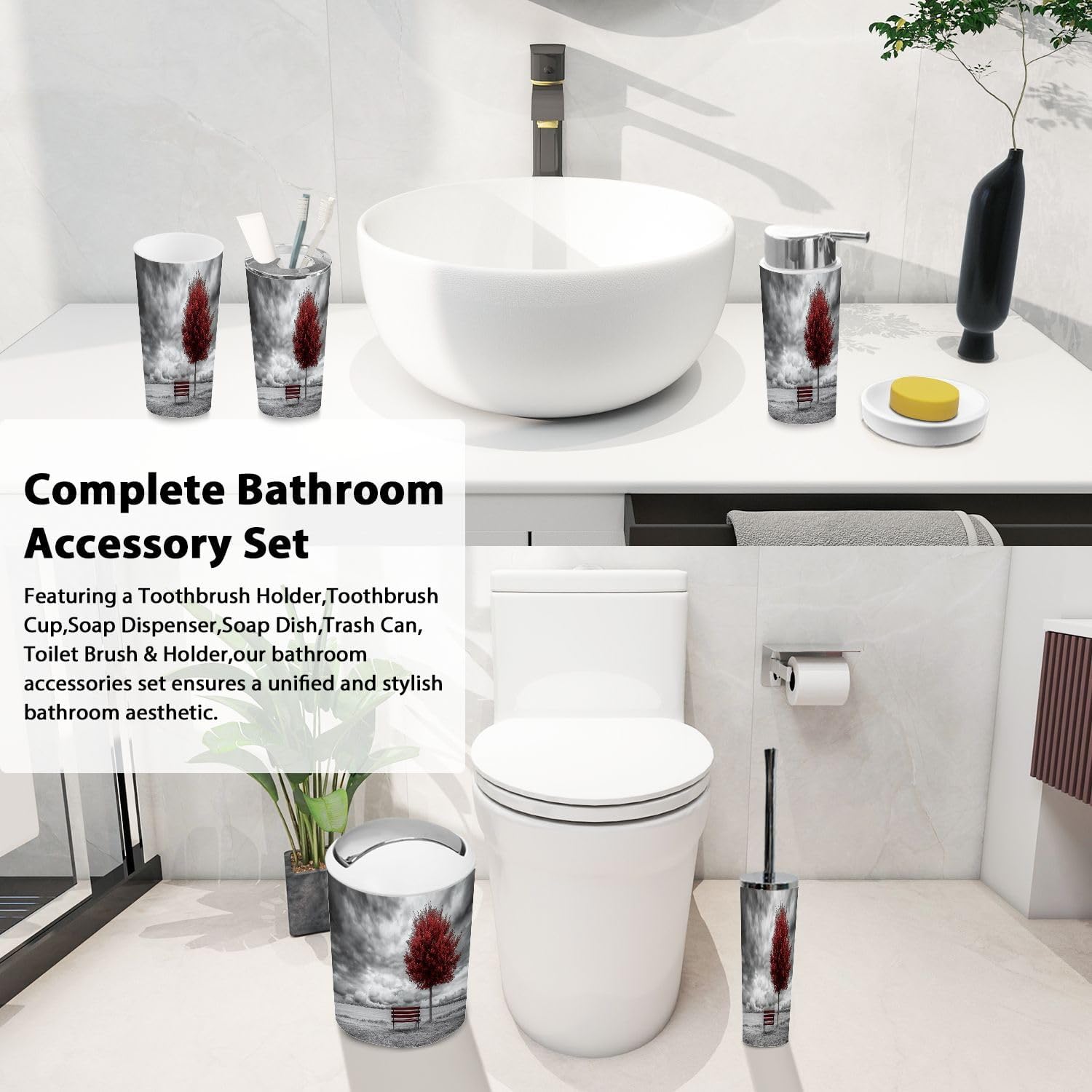 Boho Red Tree Bathroom Accessory Set 6 Piece