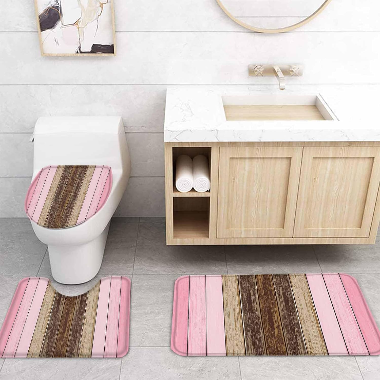 Pink Brown Wood Grain Bathroom Set with Shower Curtain Rug and Accessories