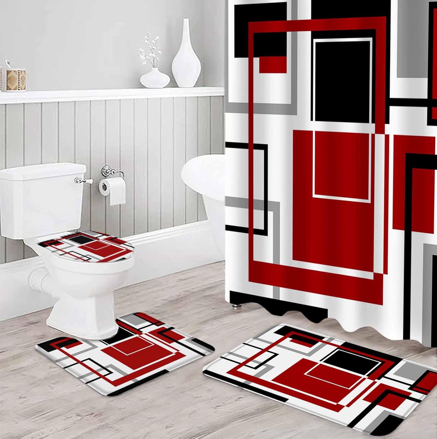 ZOE GARDEN Red Bathroom Set with Curtain Rug and Accessories