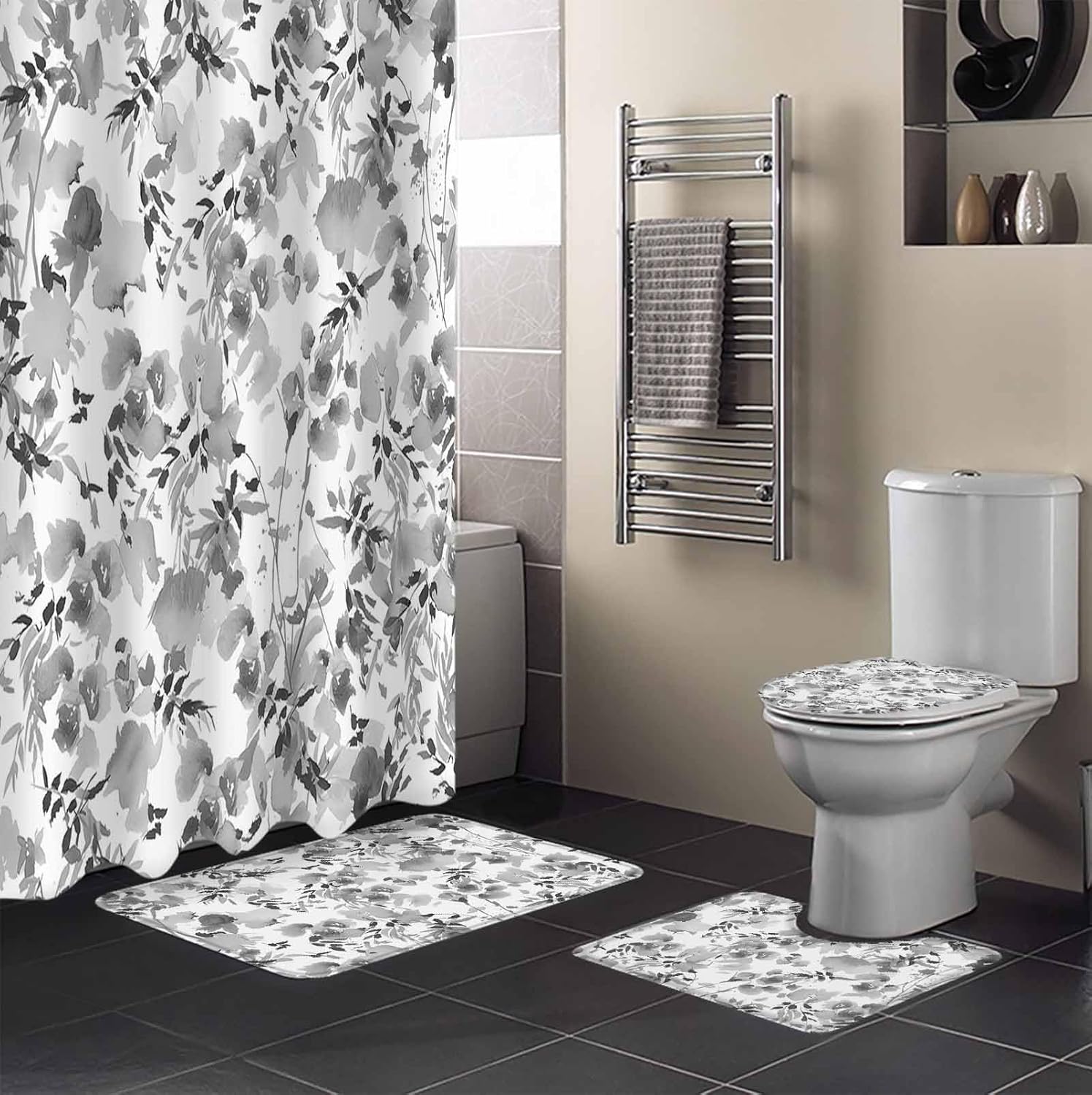 Gray Flower Bathroom Set with Curtain Rug and Hooks