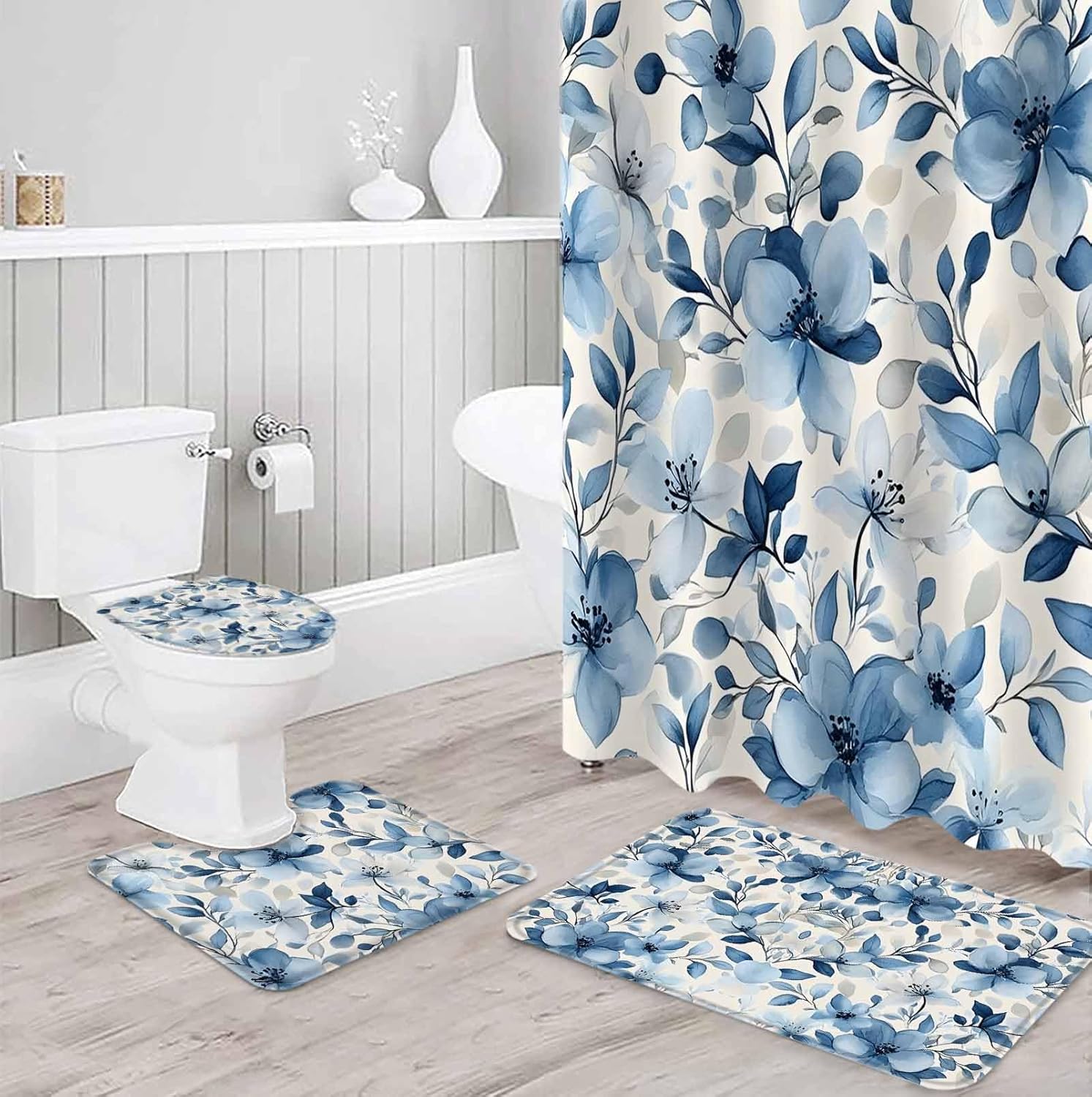 ZOE GARDEN Blue Flower Bath Set with Rug and Curtain