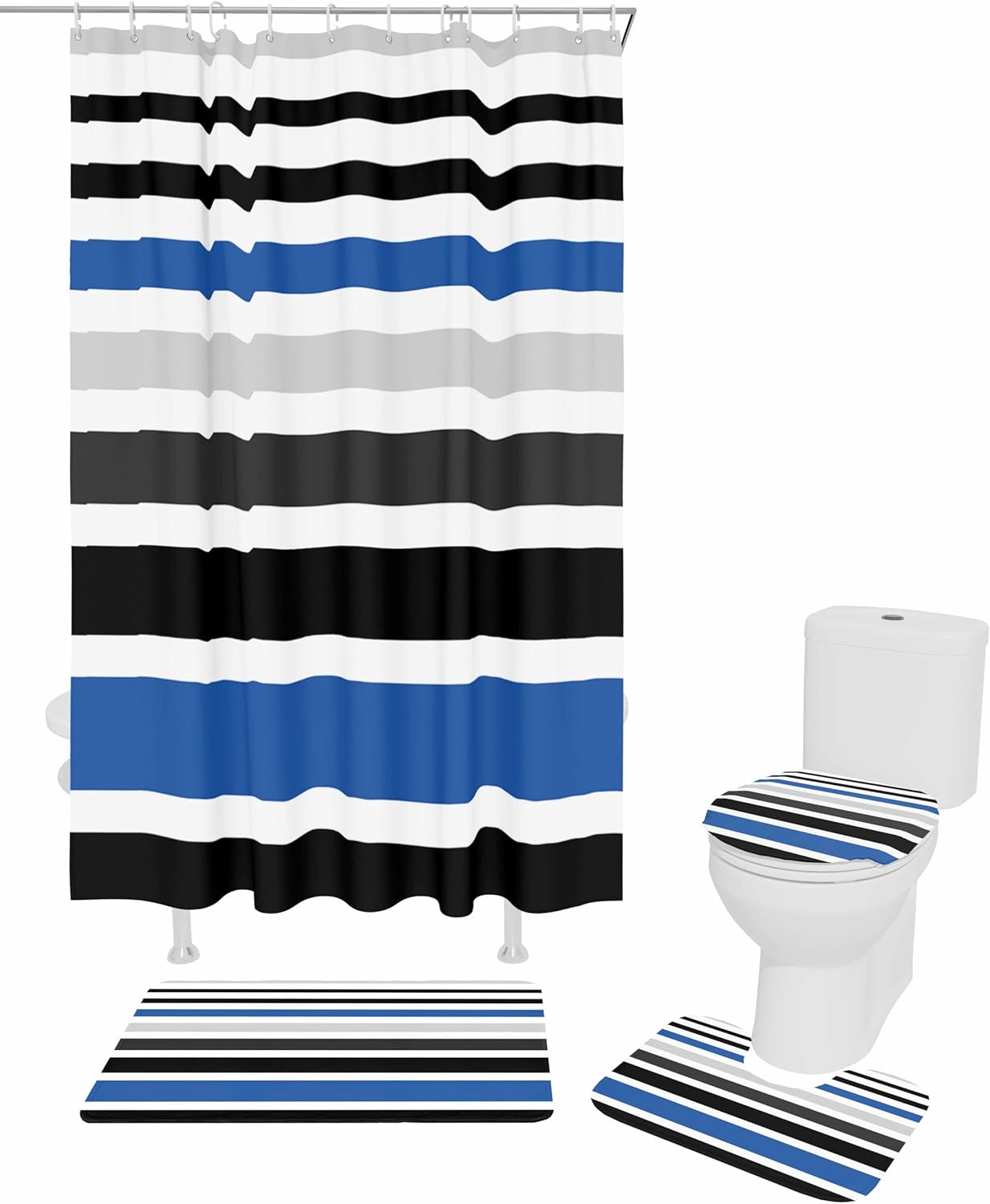 ZOE GARDEN Blue Black Bathroom Set with Curtain Rug Hooks