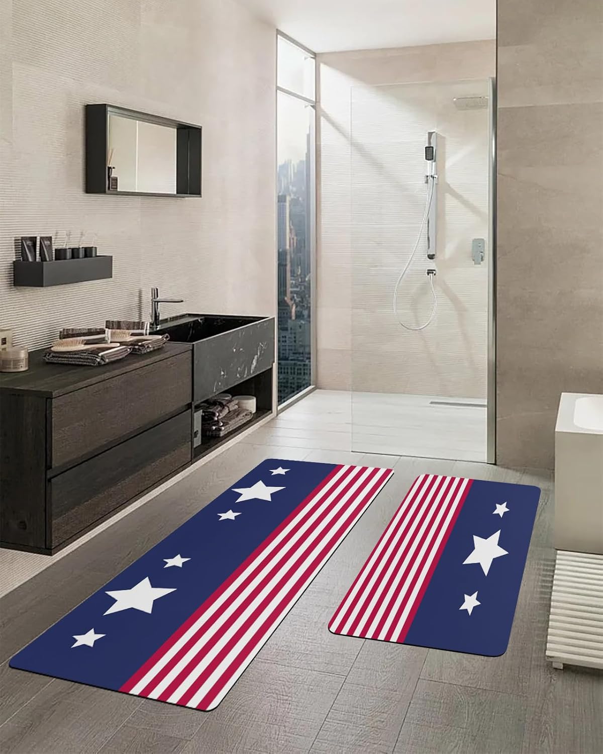 Funnywall88 2PCS American Flag Bath Mat Set Non-Slip Diatomite Drying Mats