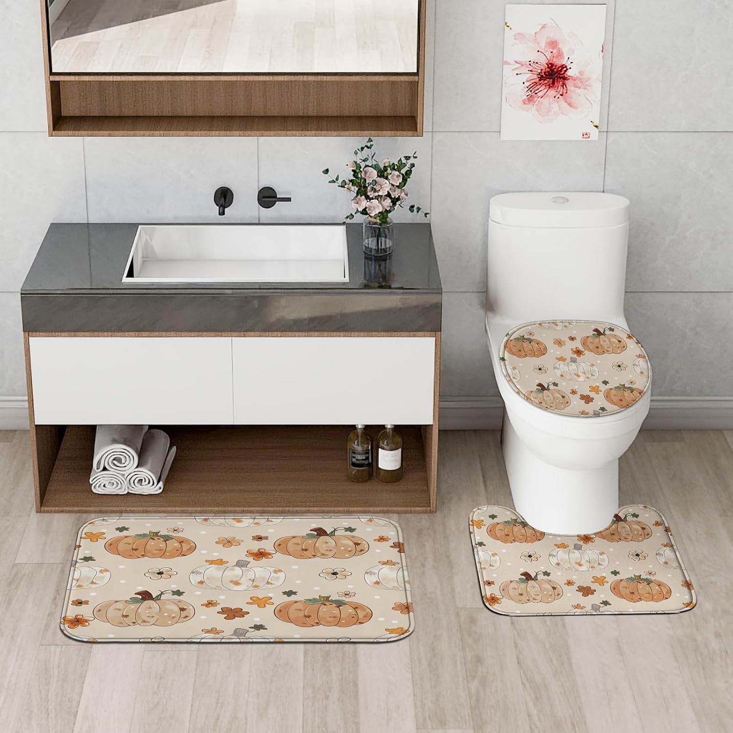 4PCS Fall Dot Pumpkin Bathroom Accessory Set with Non-Slip Rug